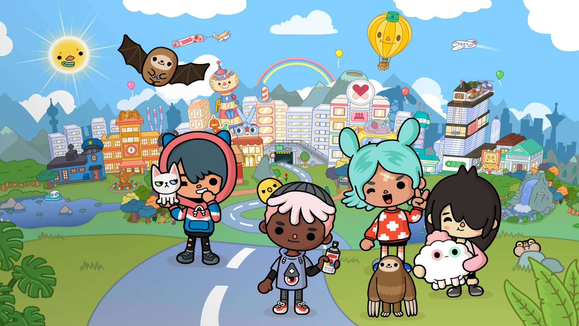 toca boca 桌布 壁紙 — 色彩繽紛的卡通角色與寵物站在一條路上，背景是奇幻的城市景觀，上方有明亮的太陽、漂浮的熱氣球和一道彩虹。