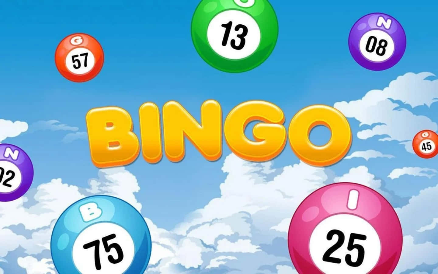 Bingo 桌布 壁紙 — 色彩繽紛的卡通賓果球在晴朗藍天和 fluffy 白雲中漂浮。