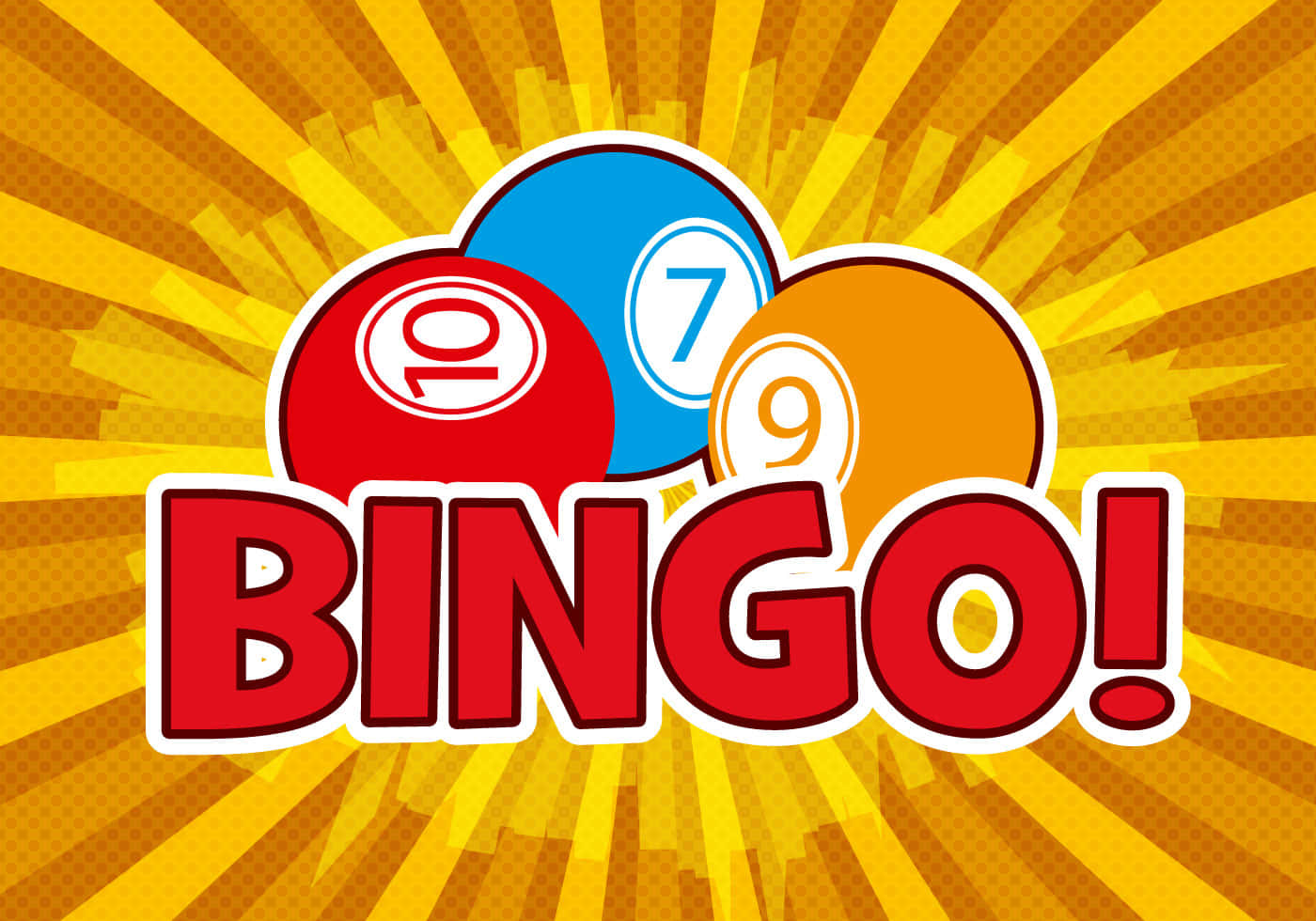 Bingo 桌布 壁紙 — 色彩繽紛的卡通賓果球在陽光黃色背景上爆開，搭配粗體紅色賓果文字。