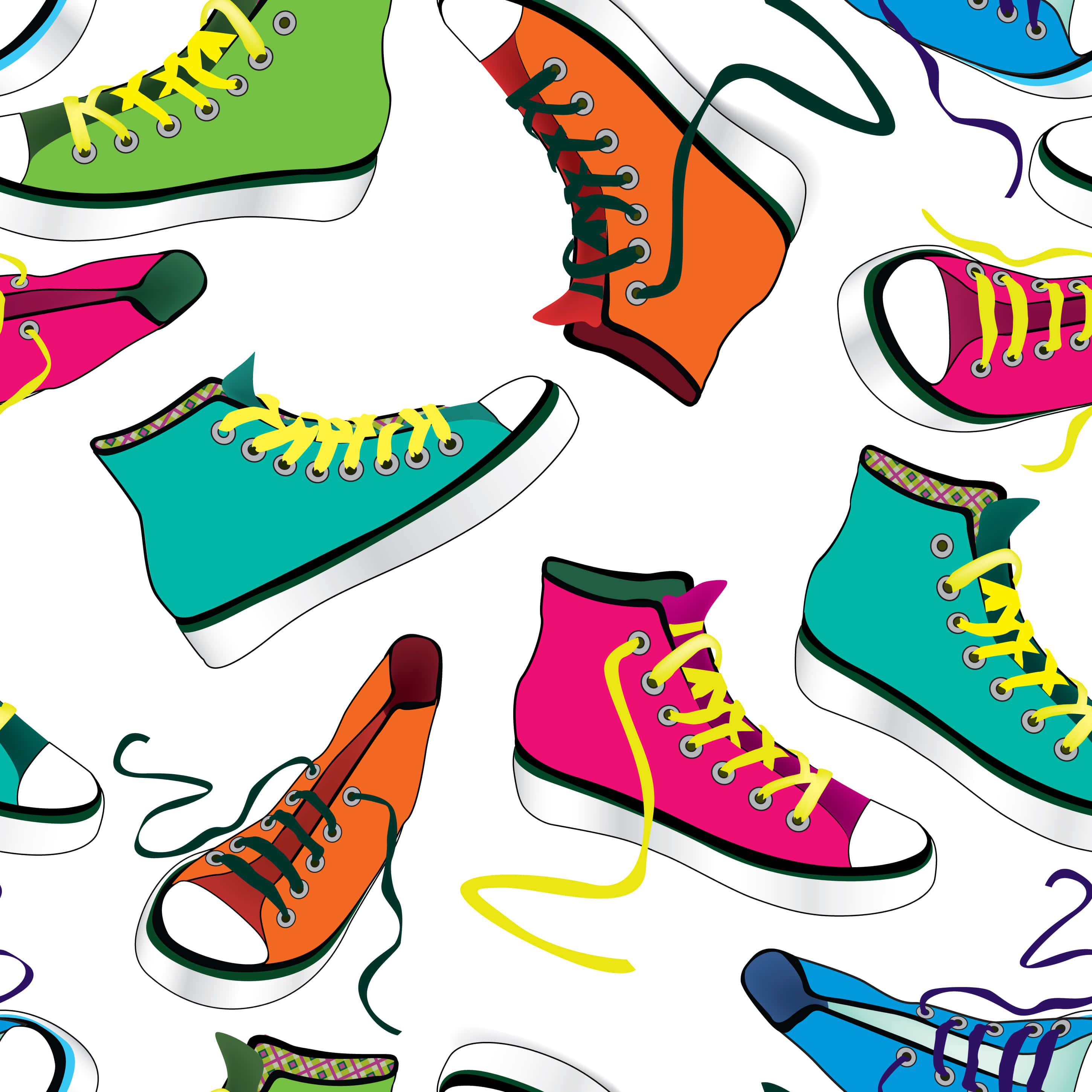 Footwear Design 桌布 壁紙 — 色彩繽紛的卡通運動鞋以鮮豔顏色散落在白色背景上，配有俏皮的鞋帶。