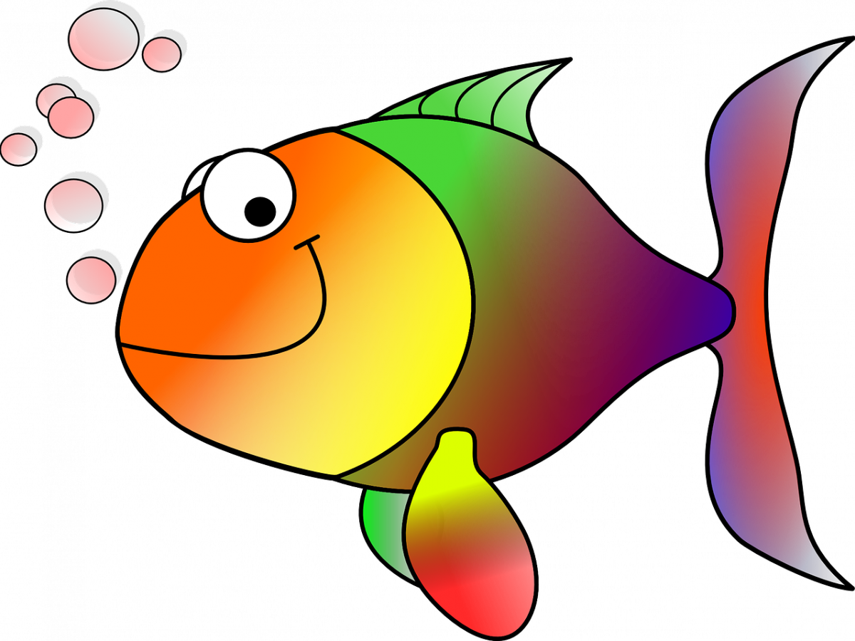 色彩繽紛的卡通金魚 壁紙 — 一條快樂的卡通魚，身體帶有彩虹漸變色，在黑色背景上向左游動，吐出粉紅色氣泡。