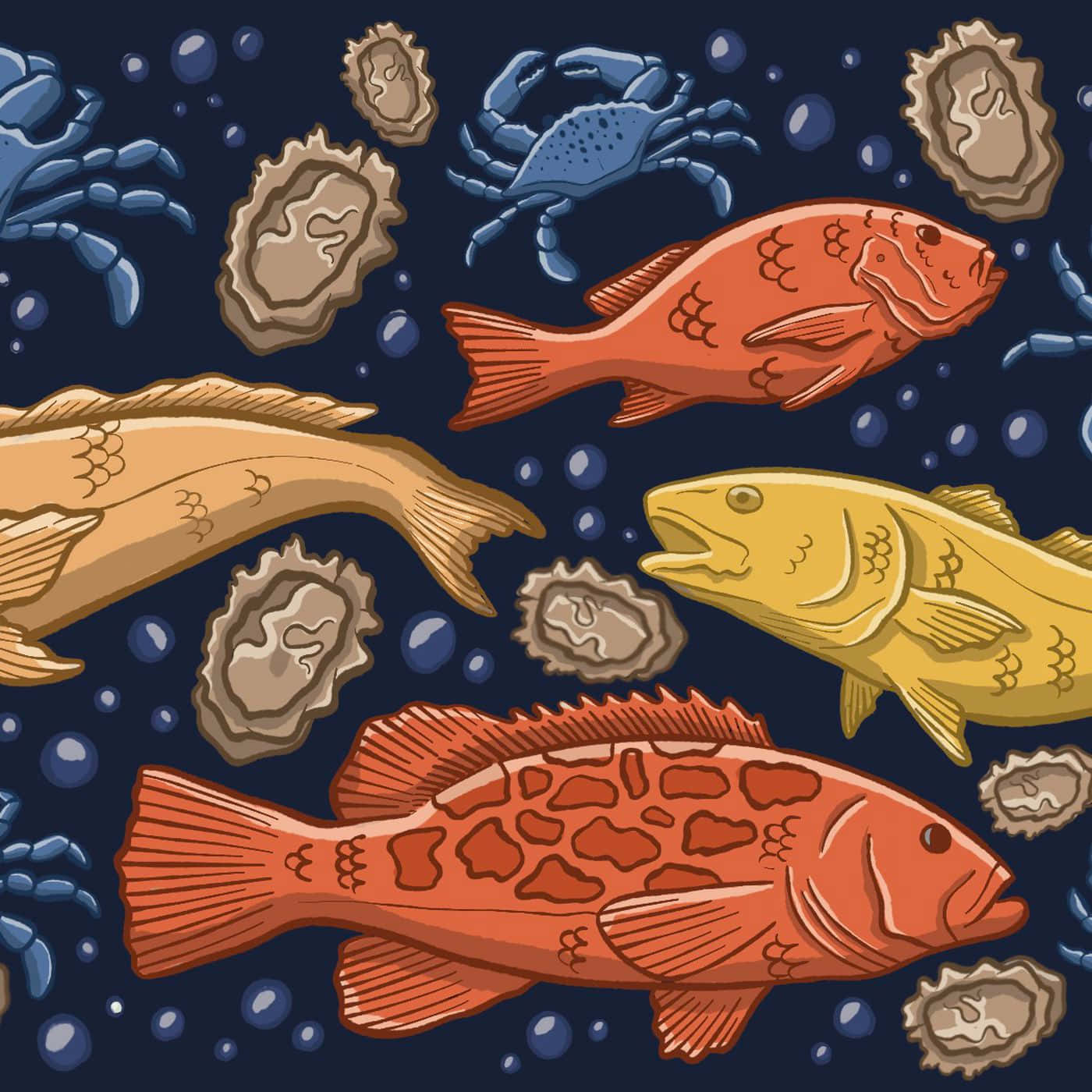 Seafood 桌布 壁紙 — 色彩繽紛的卡通魚、蟹和生蠔在深藍色水底場景中於氣泡間游動。