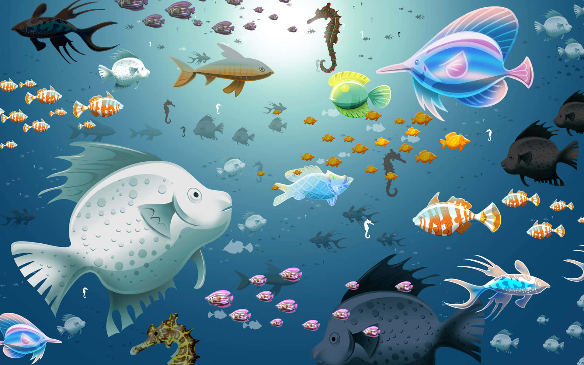 動畫 桌布 壁紙 — 色彩繽紛的卡通魚和海馬在陽光普照的藍色海洋中暢游，海洋生物豐富多彩。