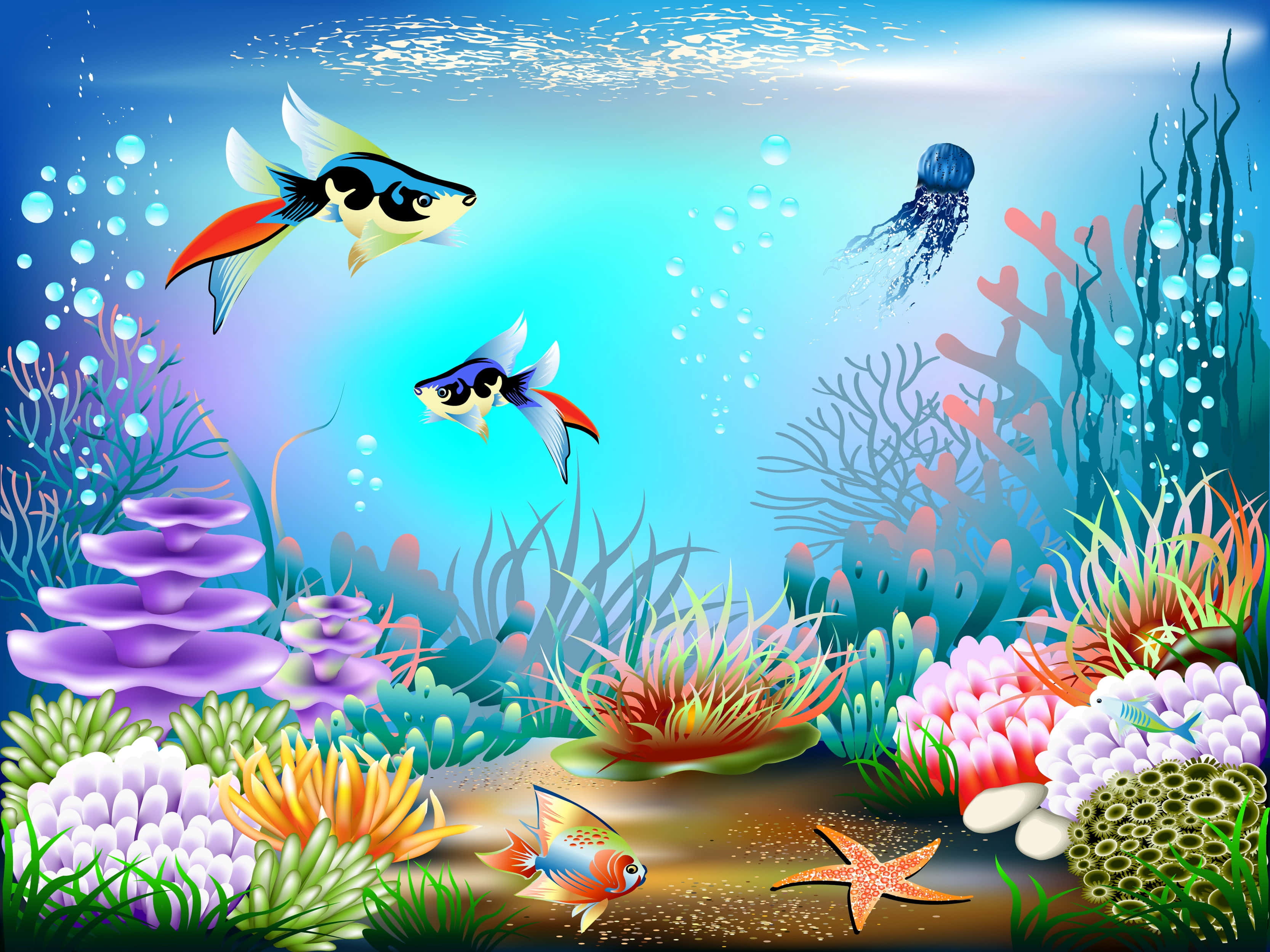 水族箱 桌布 壁紙 — 色彩繽紛的卡通魚類和水母在陽光照射的水下場景中，在五顏六色的珊瑚和海葵之間游動。