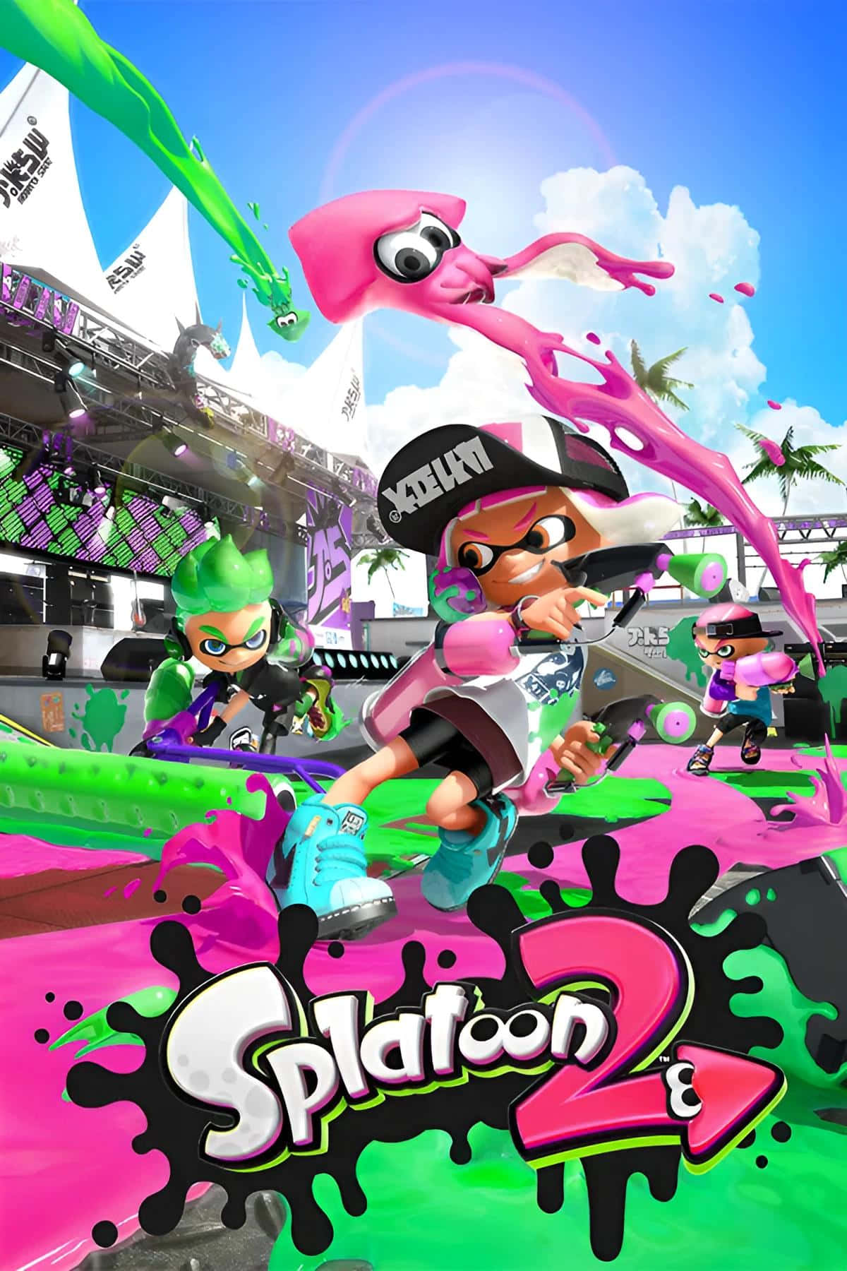 splatoon 桌布 壁紙 — 色彩繽紛的卡通魷魚角色在明亮的藍天下，於熱鬧的體育場中用彩色墨水戰鬥。