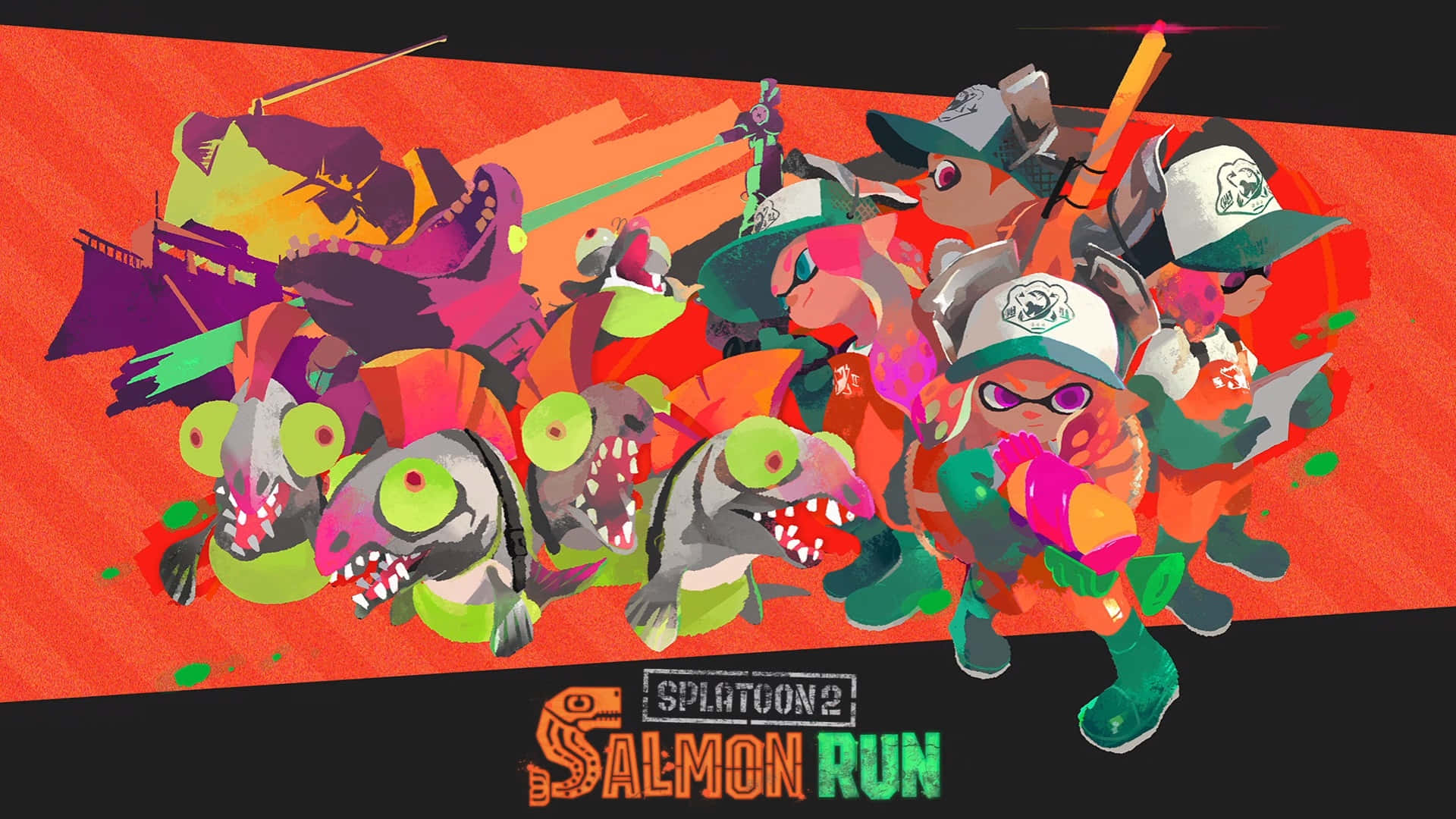 splatoon 2 桌布 壁紙 — 色彩繽紛的卡通魷魚角色穿著彩色裝備，在動感十足的場景中與怪魚戰鬥。