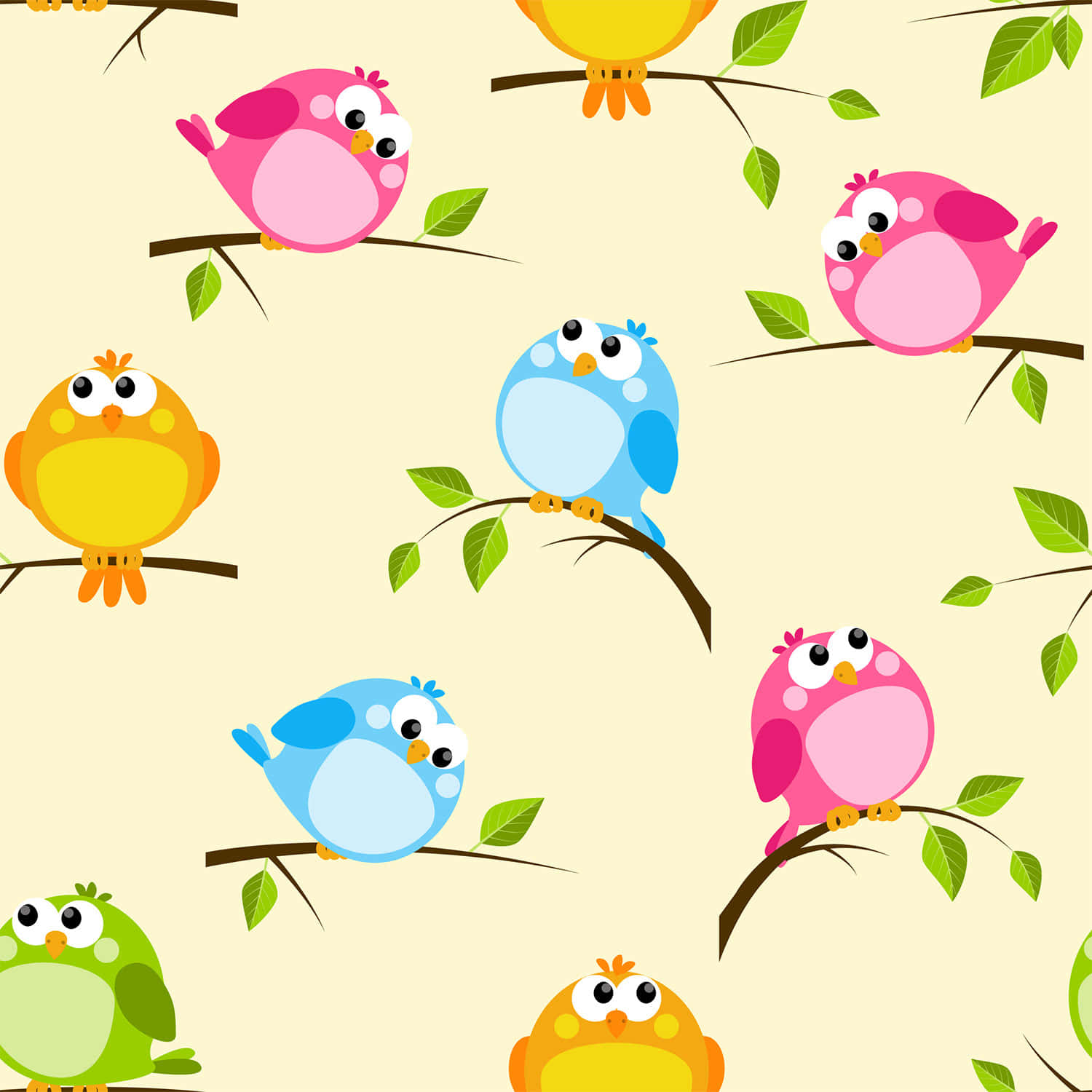 Kawaii Bird 桌布 壁紙 — 色彩繽紛的卡通鳥棲息在帶有綠葉的樹枝上，背景是柔和的米色，形成重複圖案。