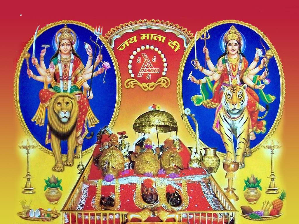Vaishno Devi 桌布 壁紙 — 色彩繽紛的印度教女神杜爾迦和卡莉，以多臂形象騎乘獅子和老虎，兩側是金色祭壇和供品，背景是耀眼的紅色和金色。
