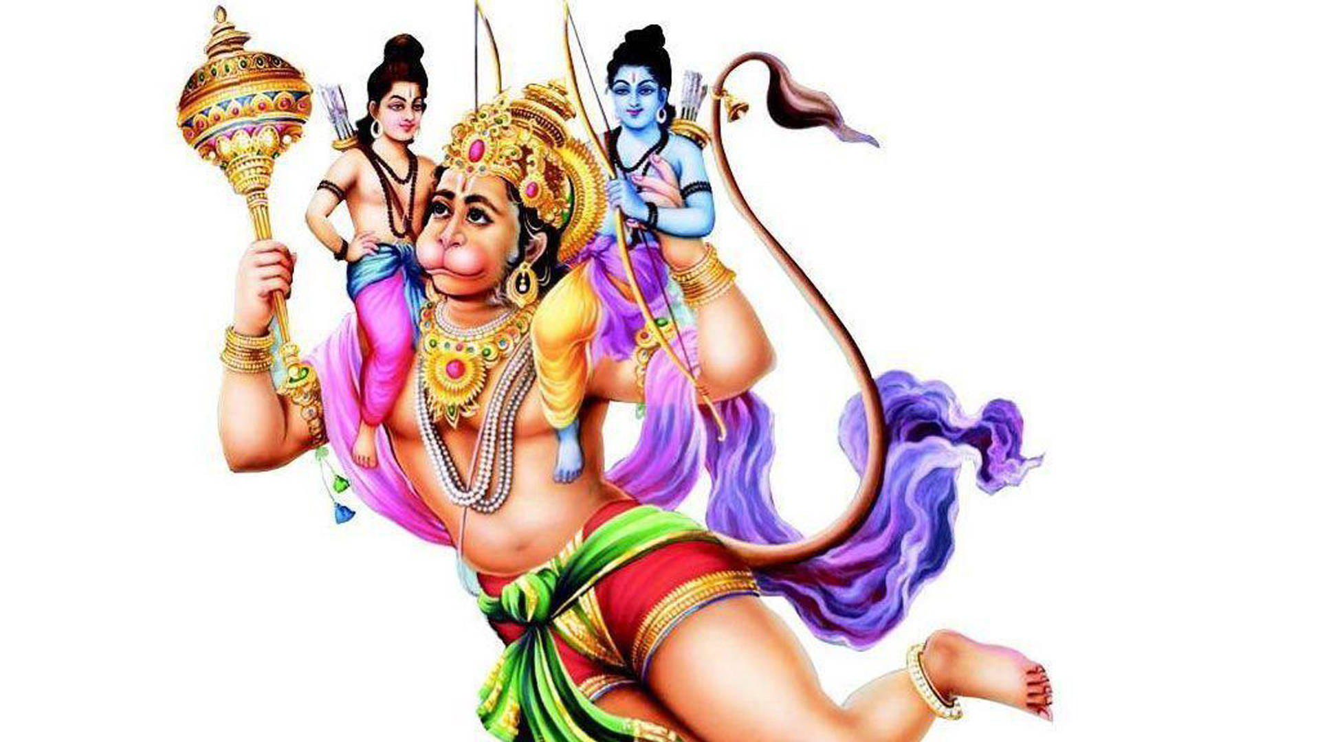 jai shri ram 桌布 壁紙 — 色彩繽紛的印度教神祇哈努曼與神聖侍從，身穿鮮豔傳統服飾，以純白背景襯托。