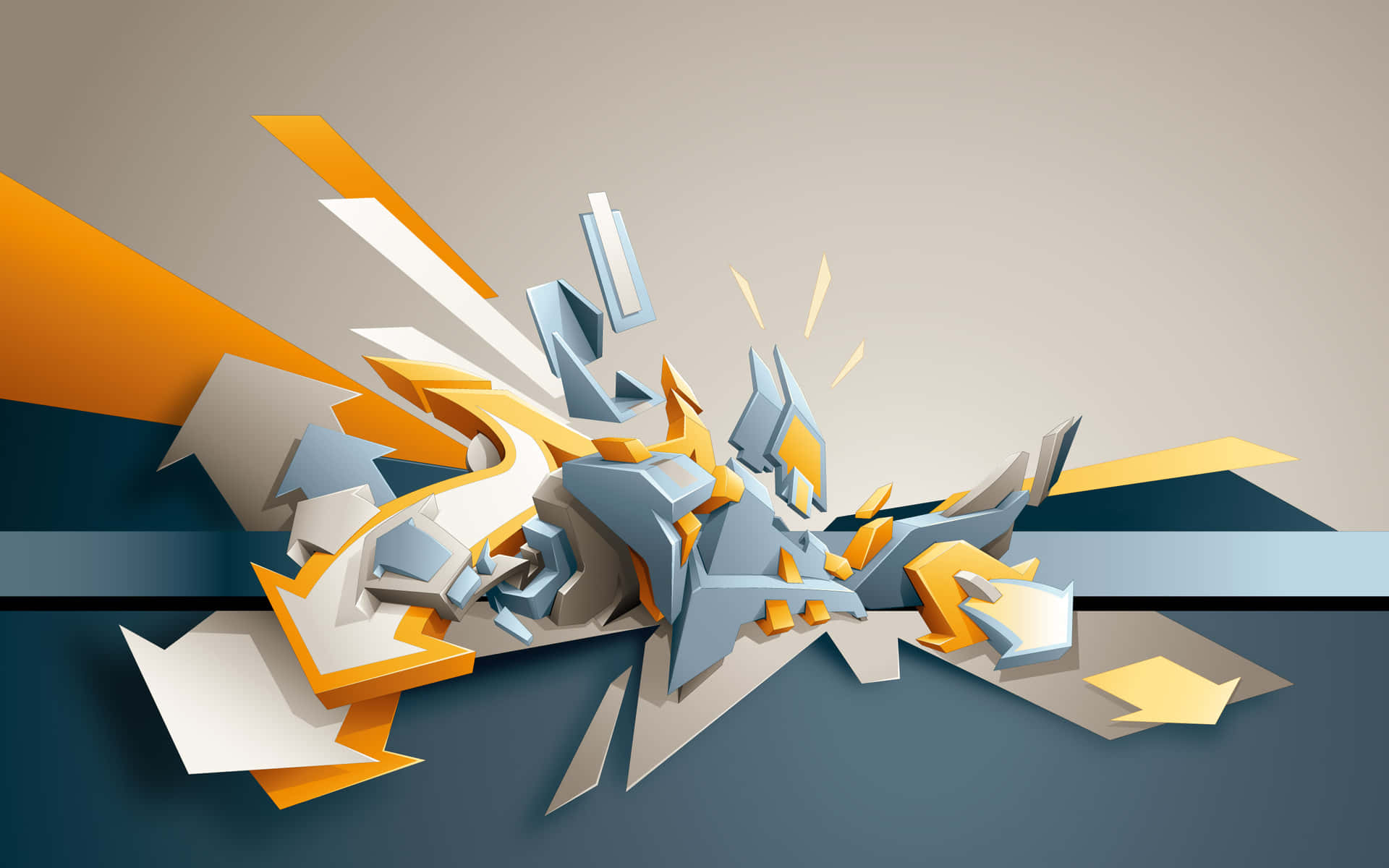 動態 3D 箭頭爆炸，橙色、白色和灰色，背景為漸變色。