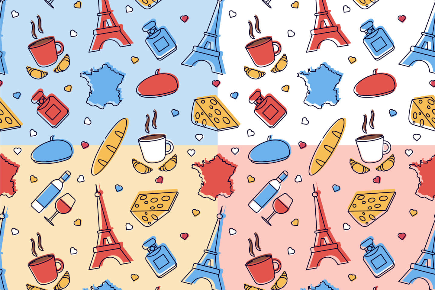 french 桌布 壁紙 — 色彩繽紛的圖案牆紙，以俏皮卡通風格呈現法國標誌，如艾菲爾鐵塔、牛角包和芝士。