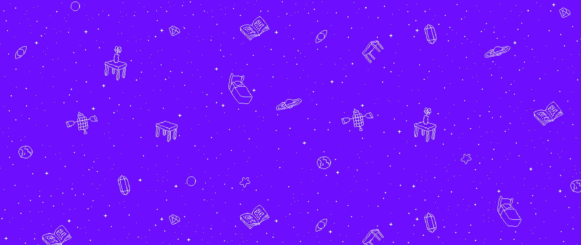家具和書籍在紫色星空中漂浮。