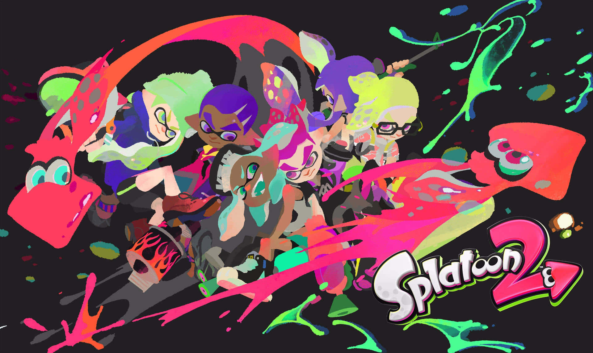 splatoon 桌布 壁紙 — 色彩繽紛的墨水飛濺中的生動卡通角色在深色背景上動態戰鬥。
