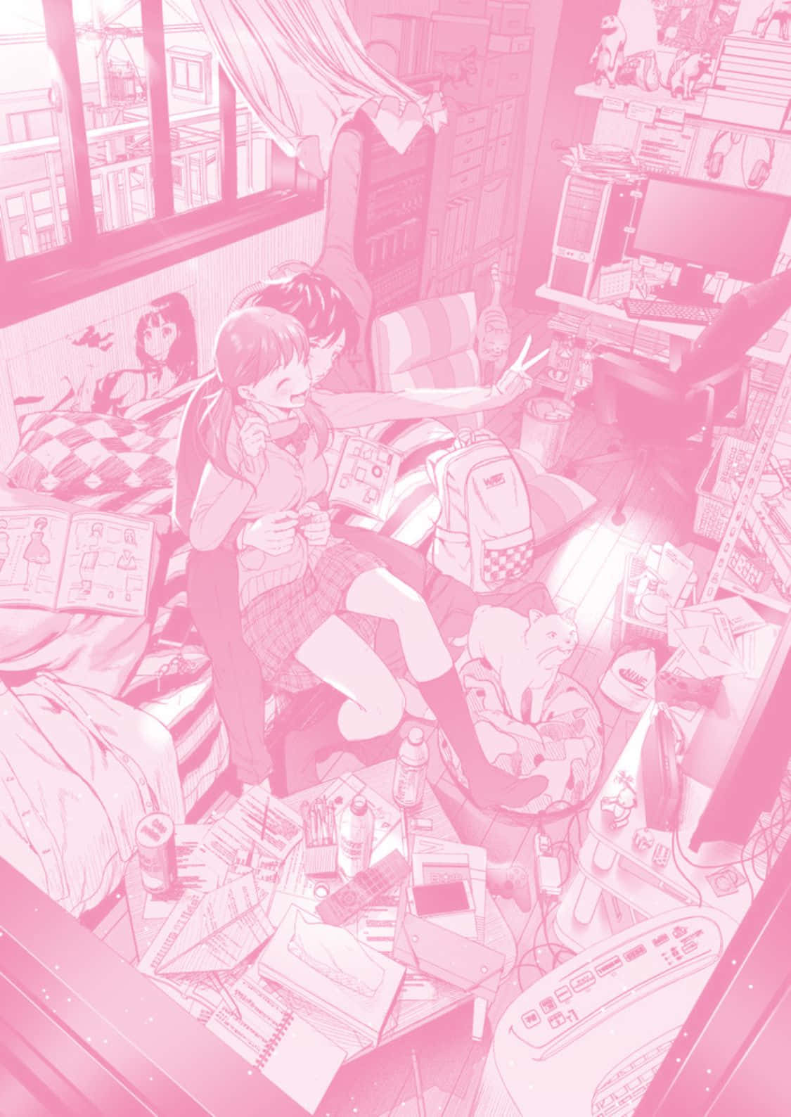 色彩繽紛的夢幻粉嫩動漫世界 壁紙 — 兩個動漫女孩喺一個亂糟糟嘅粉紅色睡房，充滿雜物同遊戲裝備。