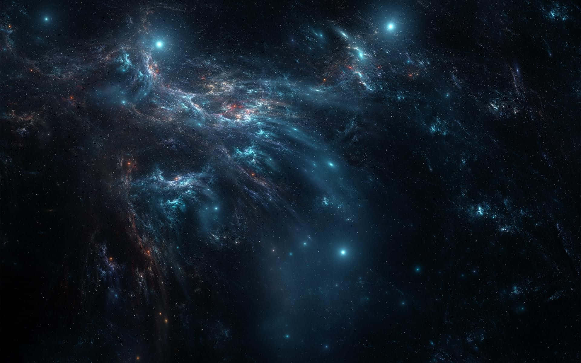 鮮豔的藍色和橙色星雲雲團在深空中漂浮於遙遠的星星之間。