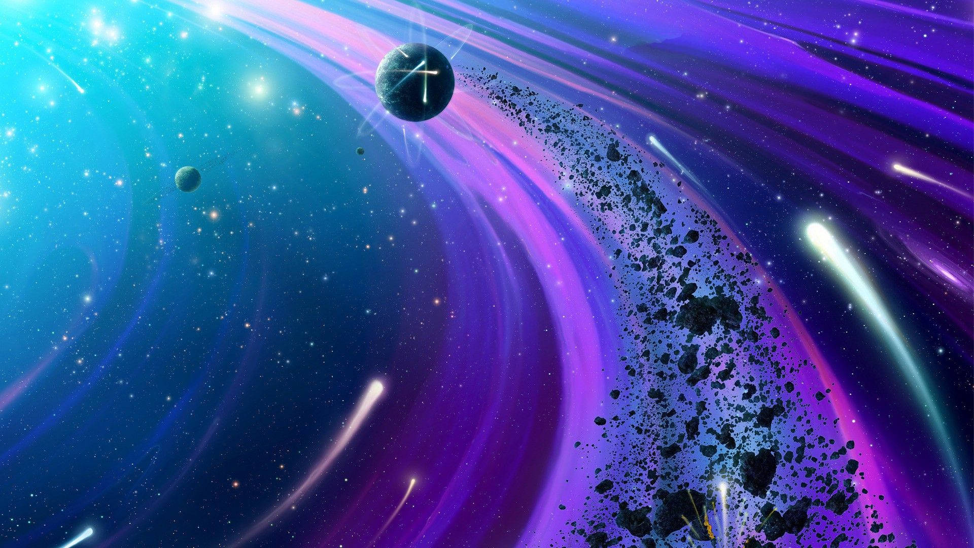 深空中充滿星星和小行星的鮮豔宇宙星雲。
