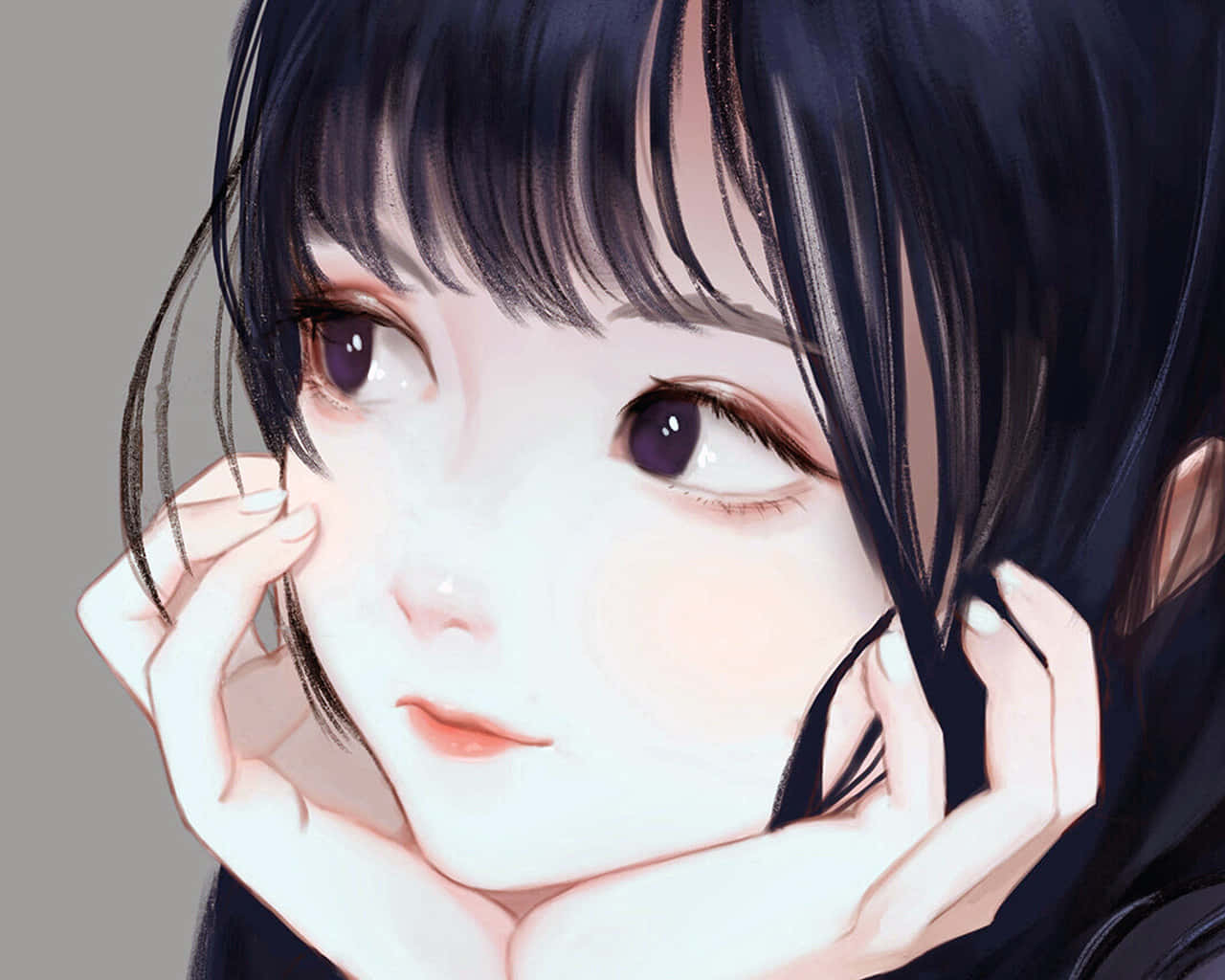 深色頭髮和紫色眼睛的動漫女孩輕輕捧著臉。