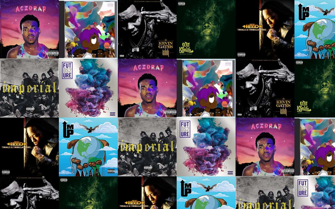 Lil Uzi Vert 桌布 壁紙 — 色彩繽紛的專輯封面拼貼， featuring Future 和 Kevin Gates 等藝人，搭配充滿活力的抽象藝術和粗體字型。