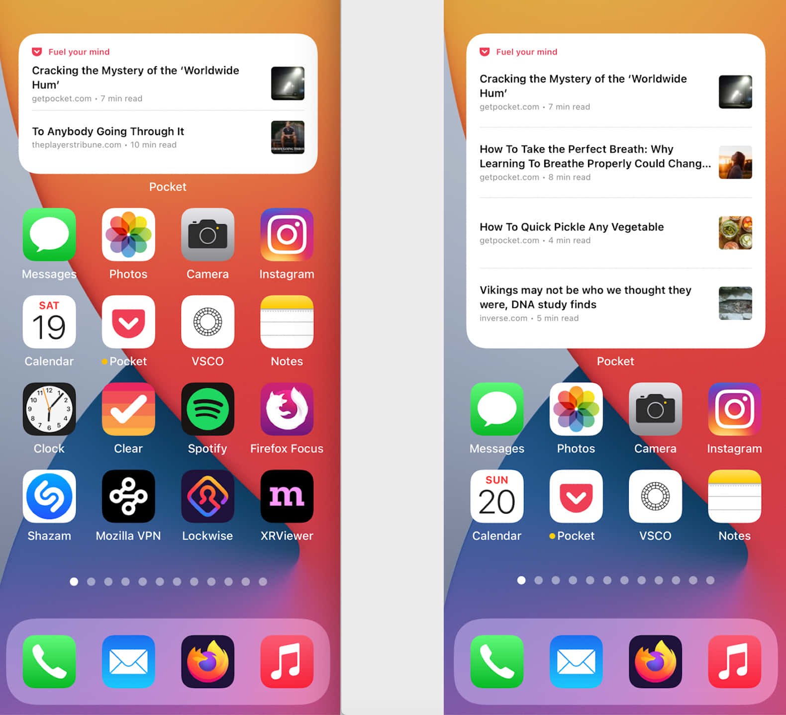 兩個 iPhone 主畫面顯示應用程式圖示和 Pocket 文章預覽。 — 主螢幕 壁紙