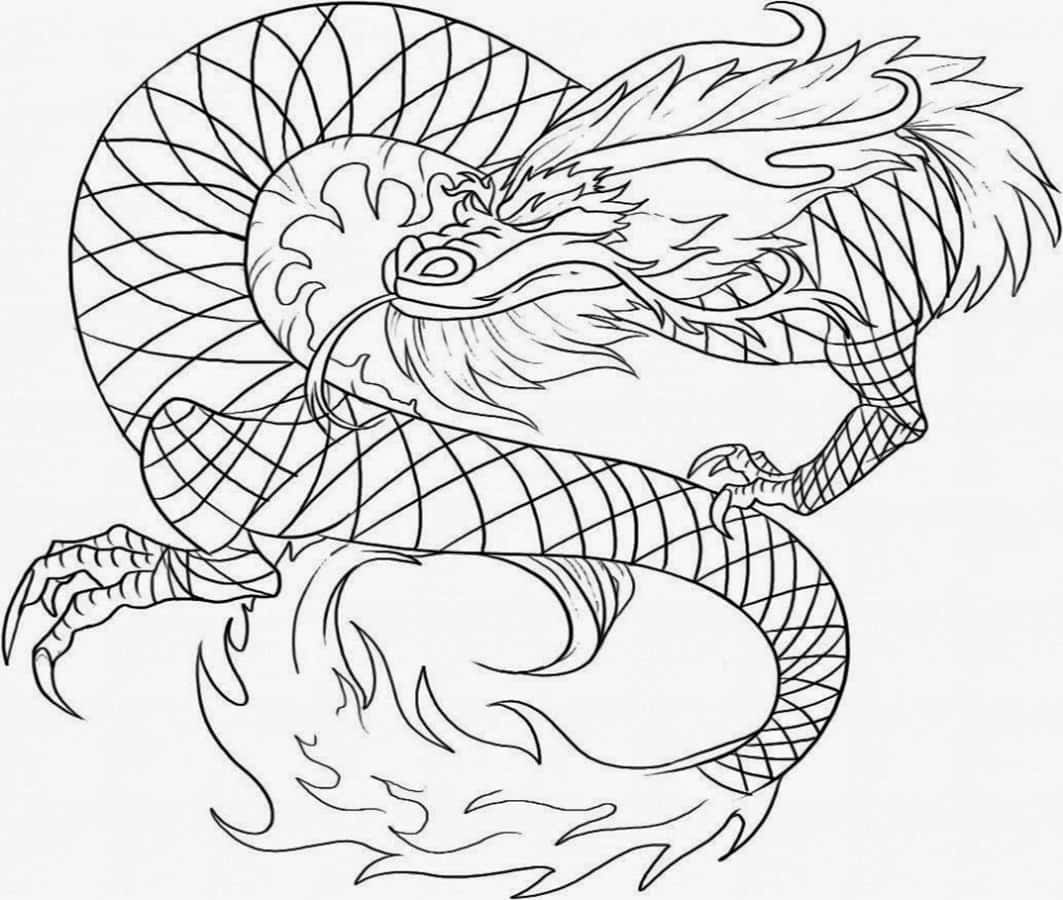 色彩繽紛的巨龍，準備揭開它的秘密 壁紙 — 一幅動態黑白線條畫，描繪一條盤繞的龍，帶有火焰圖案和細緻的鱗片。