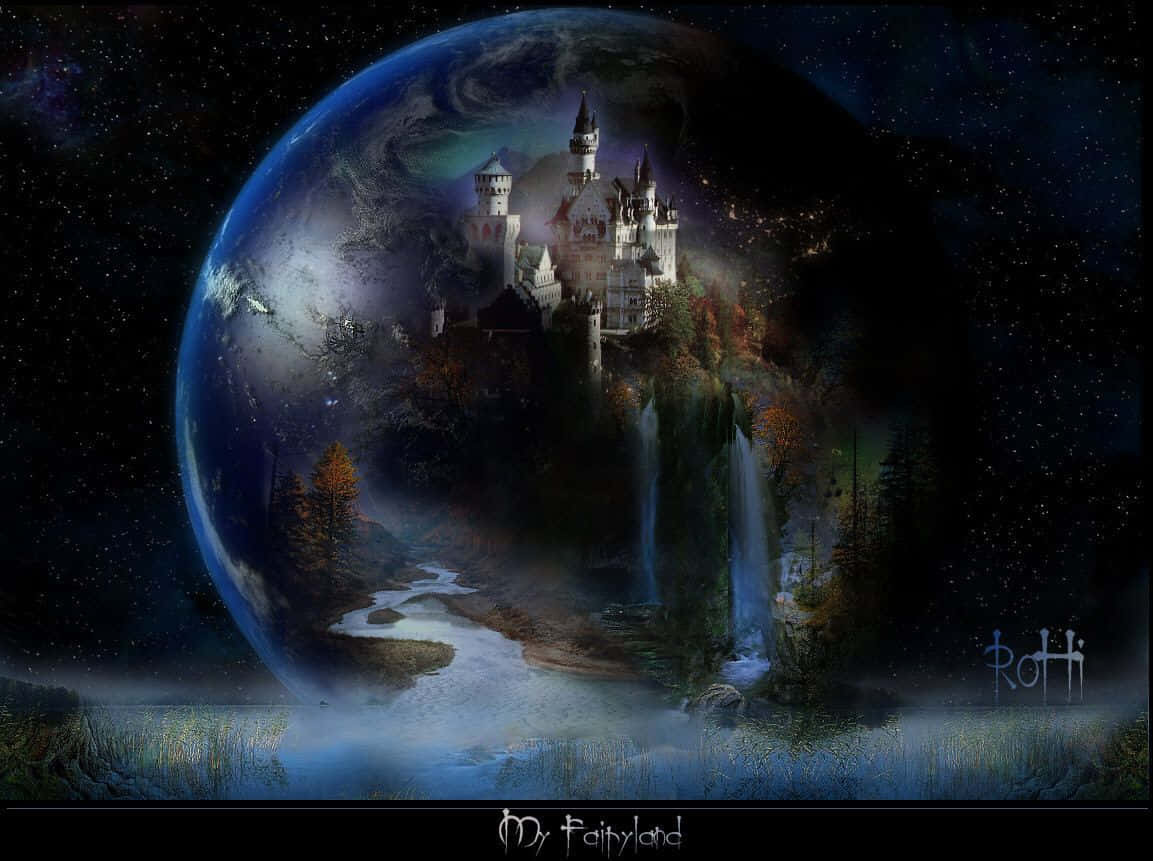 帶有瀑布和星星的浮動星球上的夢幻城堡