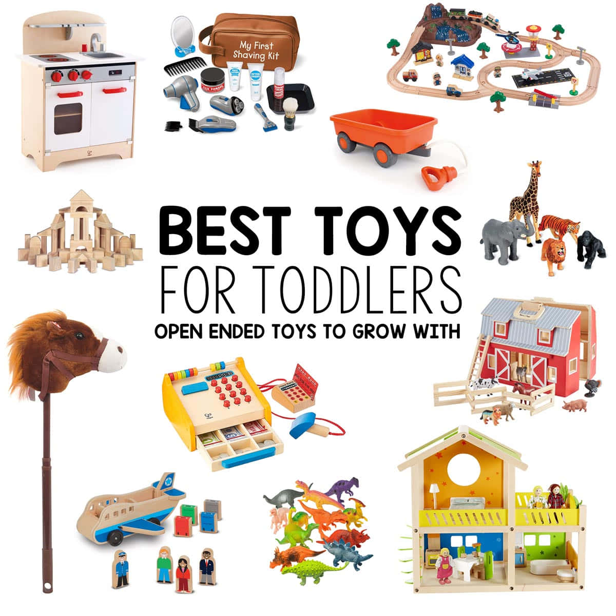 toys 桌布 壁紙 — 色彩繽紛的幼兒玩具拼貼，包括木製遊樂套裝、動物和扮煮飯仔廚房用具，圍繞粗體文字排列。