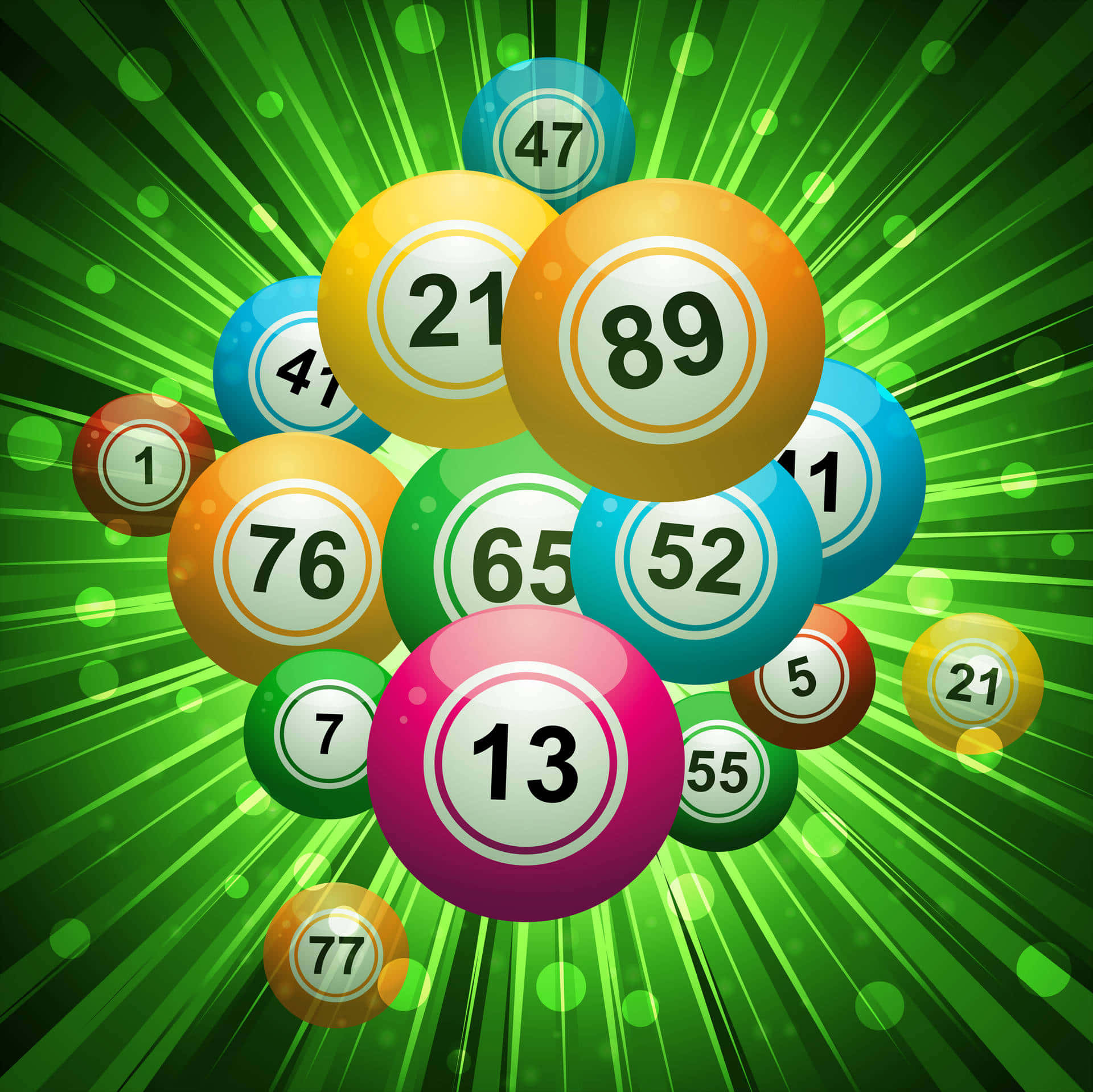 Bingo 桌布 壁紙 — 色彩繽紛的彩票球帶有數字，在帶有發光射線的翠綠背景上迸發。