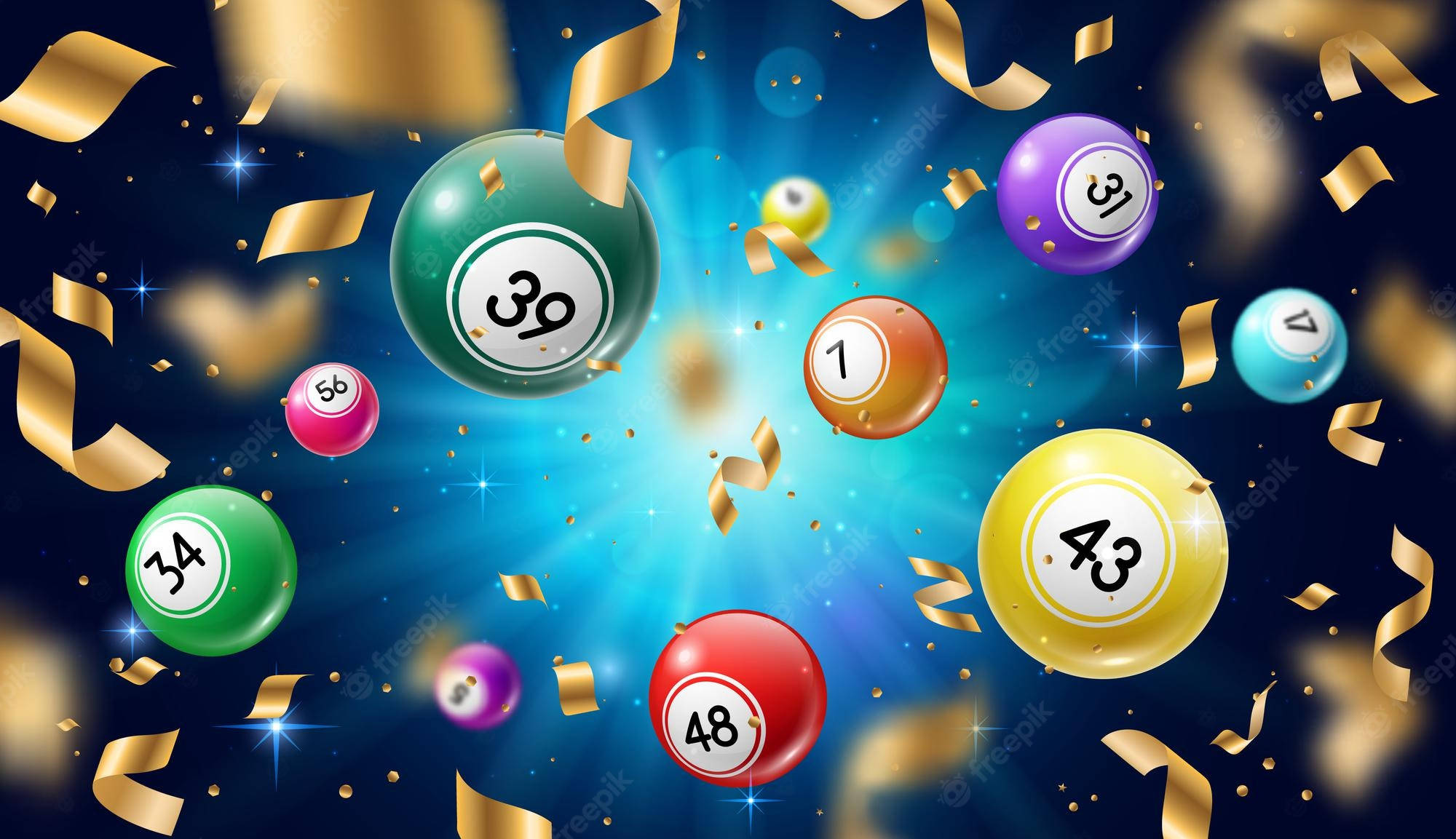Lucky Keno Balls 壁紙 — 色彩繽紛的彩票球漂浮在金色彩紙和閃爍燈光中，背景是耀眼的藍色。