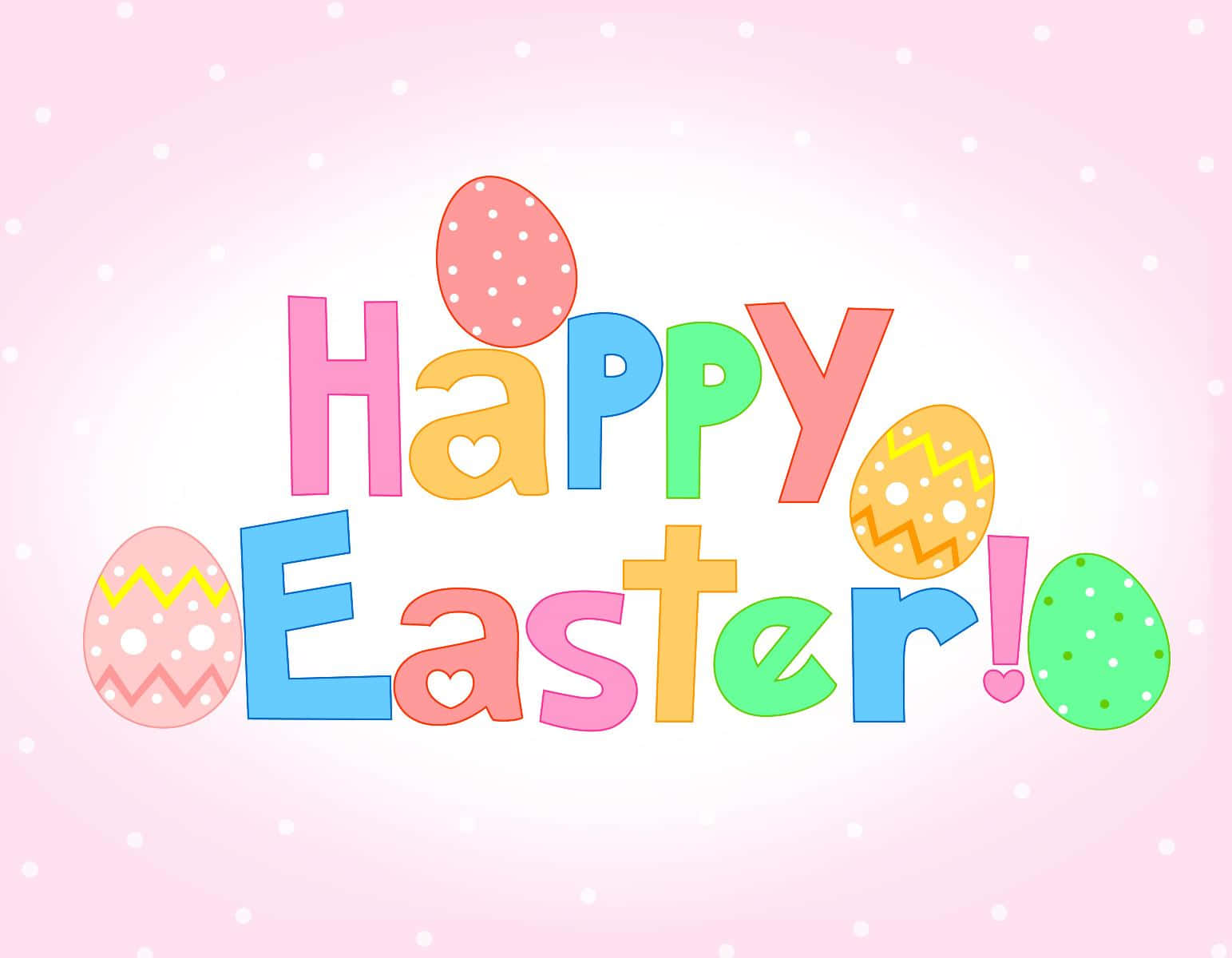 Pastel Easter 桌布 壁紙 — 色彩繽紛的復活蛋在柔和的粉紅色圓點背景上，裝飾著充滿活力的多色「復活節快樂！」文字。