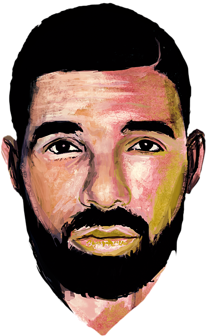 色彩繽紛的德雷克插畫 壁紙 — 一個風格化的繪畫肖像，描繪一個留鬍鬚、眼神銳利的男人，背景為黑色。