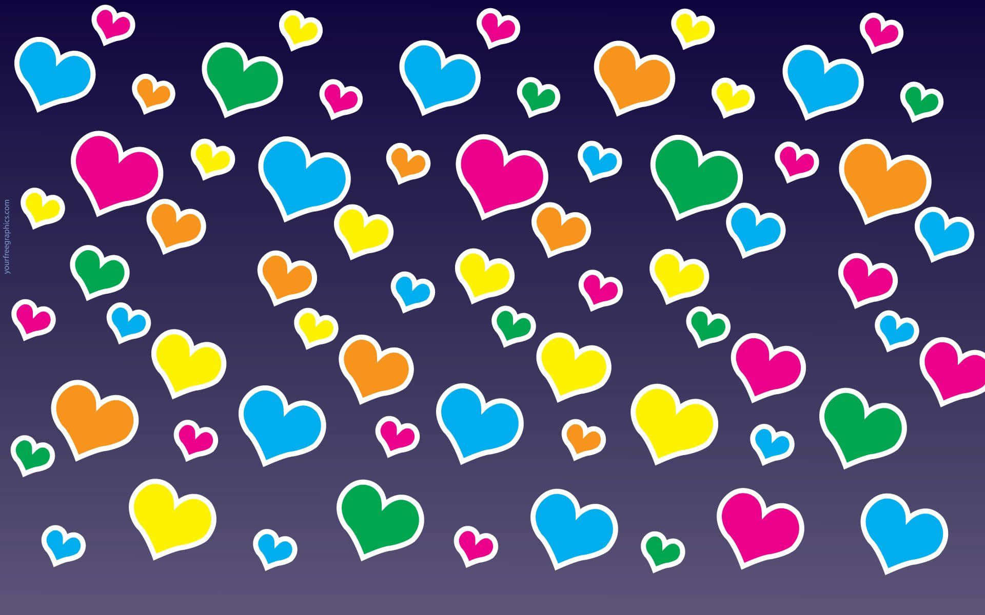 Heart Pattern 桌布 壁紙 — 色彩繽紛的心形在深紫色漸變背景上像五彩紙屑一樣漂浮。