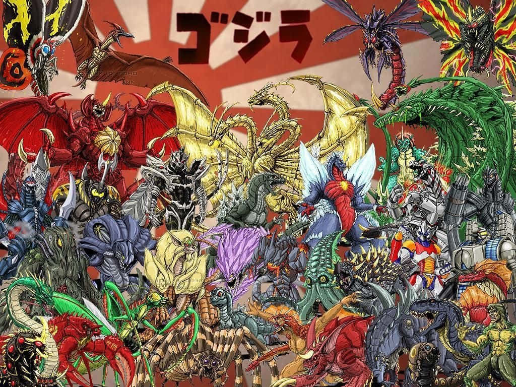 Classic Godzilla 桌布 壁紙 — 色彩繽紛的怪獸和龍在紅白日本國旗背景上擠在一起的混亂拼貼畫。