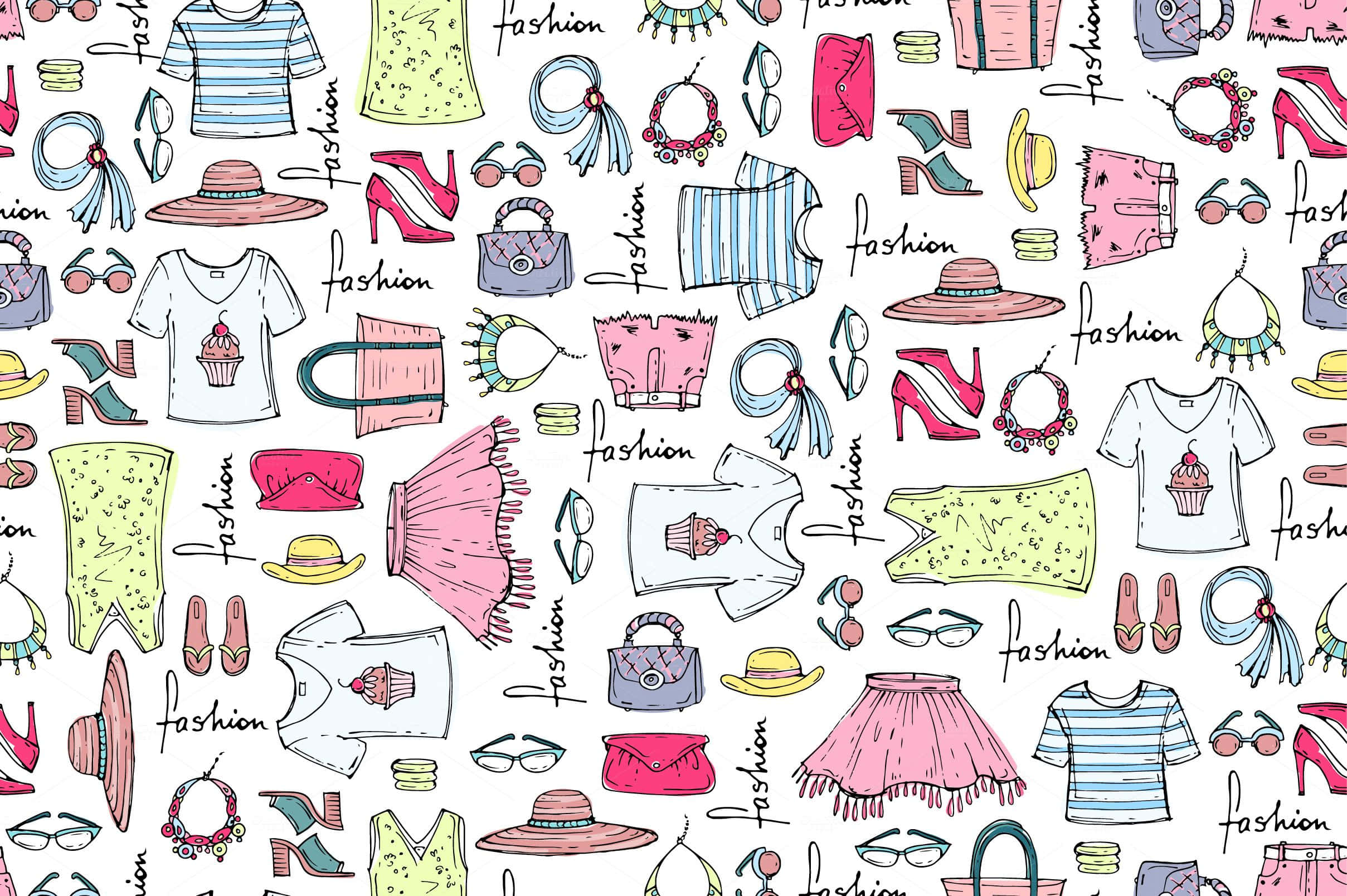 Clothes 桌布 壁紙 — 色彩繽紛的手繪時尚物品圖案，如鞋子、帽子和手袋，散落在白色背景上。