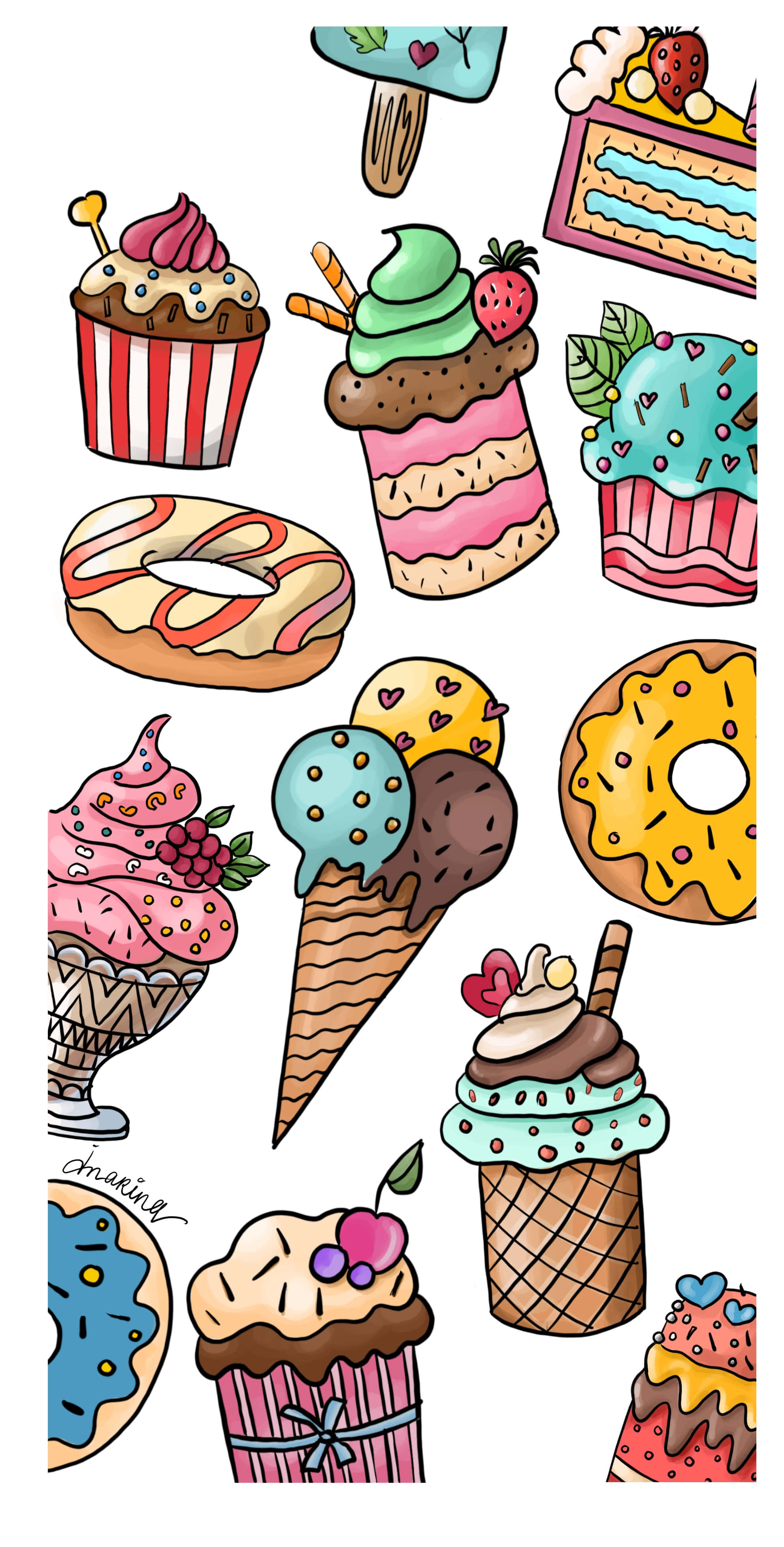 Cute Dessert 桌布 壁紙 — 色彩繽紛的手繪甜品系列，包括紙杯蛋糕、雪糕筒和甜甜圈，配上糖粒和水果配料。