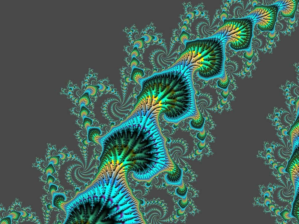 一幅數位分形藝術作品，在深灰色背景上呈現青綠色、金色和綠色的旋轉圖案。