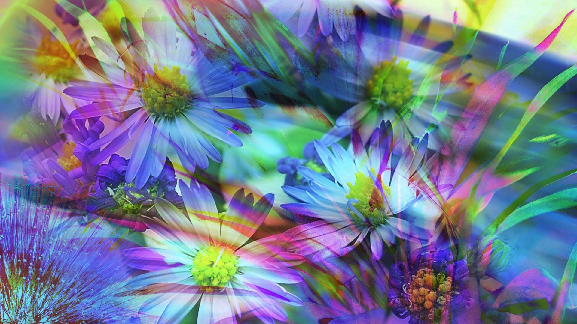 帶有旋轉彩虹色和模糊花瓣的迷幻花卉圖案。 — 春天花朵 GIF 壁紙