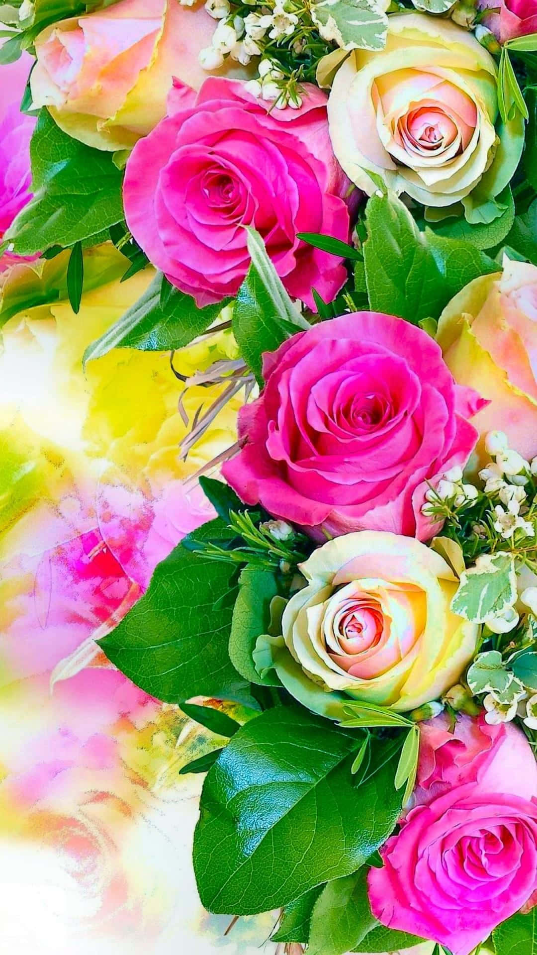 Rose Art 桌布 壁紙 — 色彩繽紛的抽象水彩背景上，粉紅和黃玫瑰與綠葉組成的鮮豔花束。