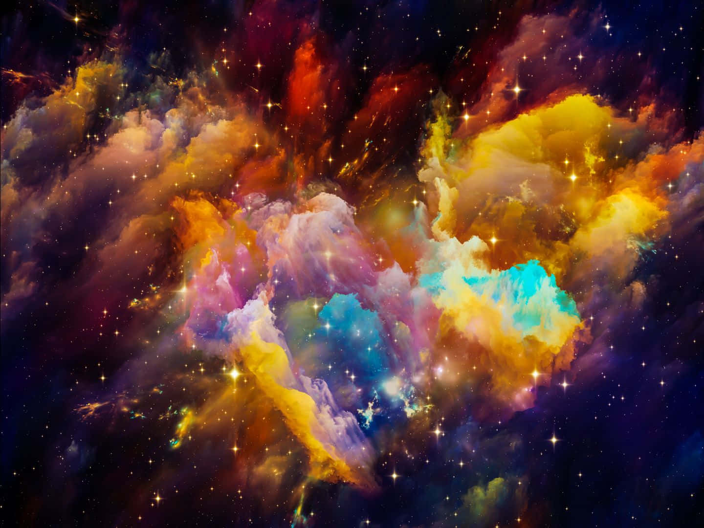 色彩繽紛的抽象畫 壁紙 — 充滿活力的宇宙星雲在星空中以火熱的橙色、粉紅色和電光藍色旋轉。