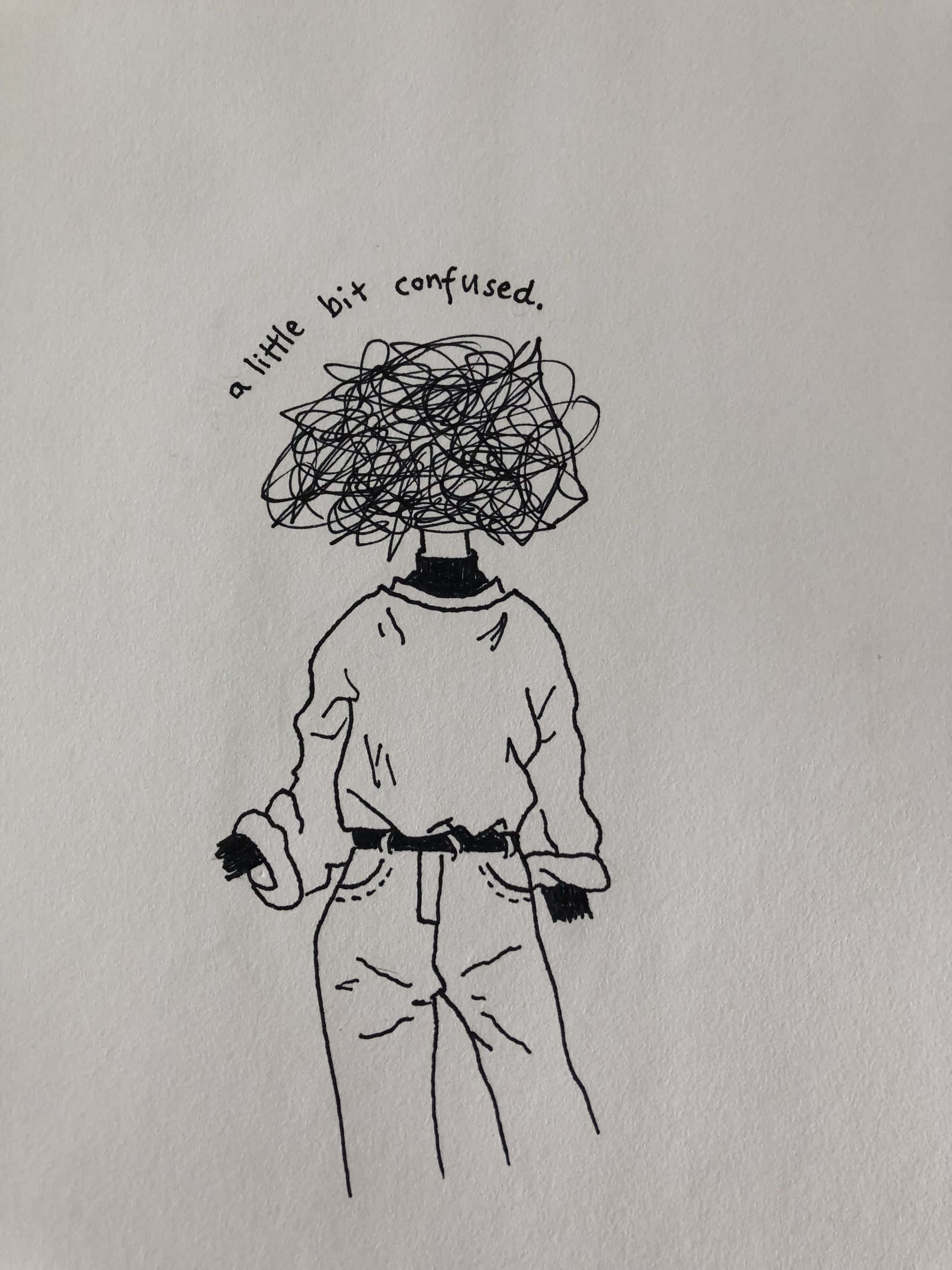 色彩繽紛的抽象花朵美學畫 壁紙 — 一個極簡線條畫，畫中人物有一個塗鴉頭，標有「有點困惑」，雙手插袋站立。