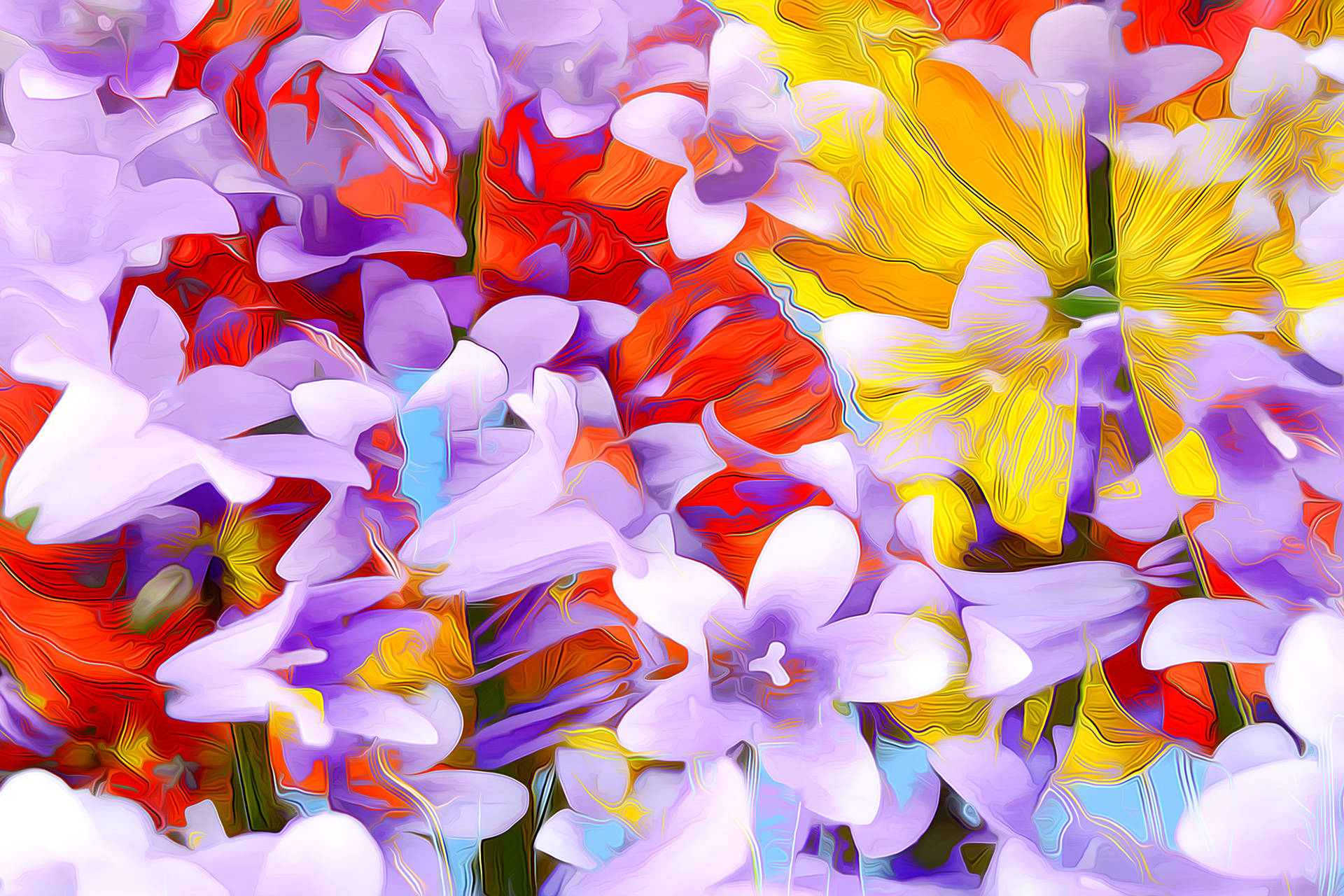 色彩繽紛的花朵抽象數位藝術作品，帶有旋轉的花瓣。