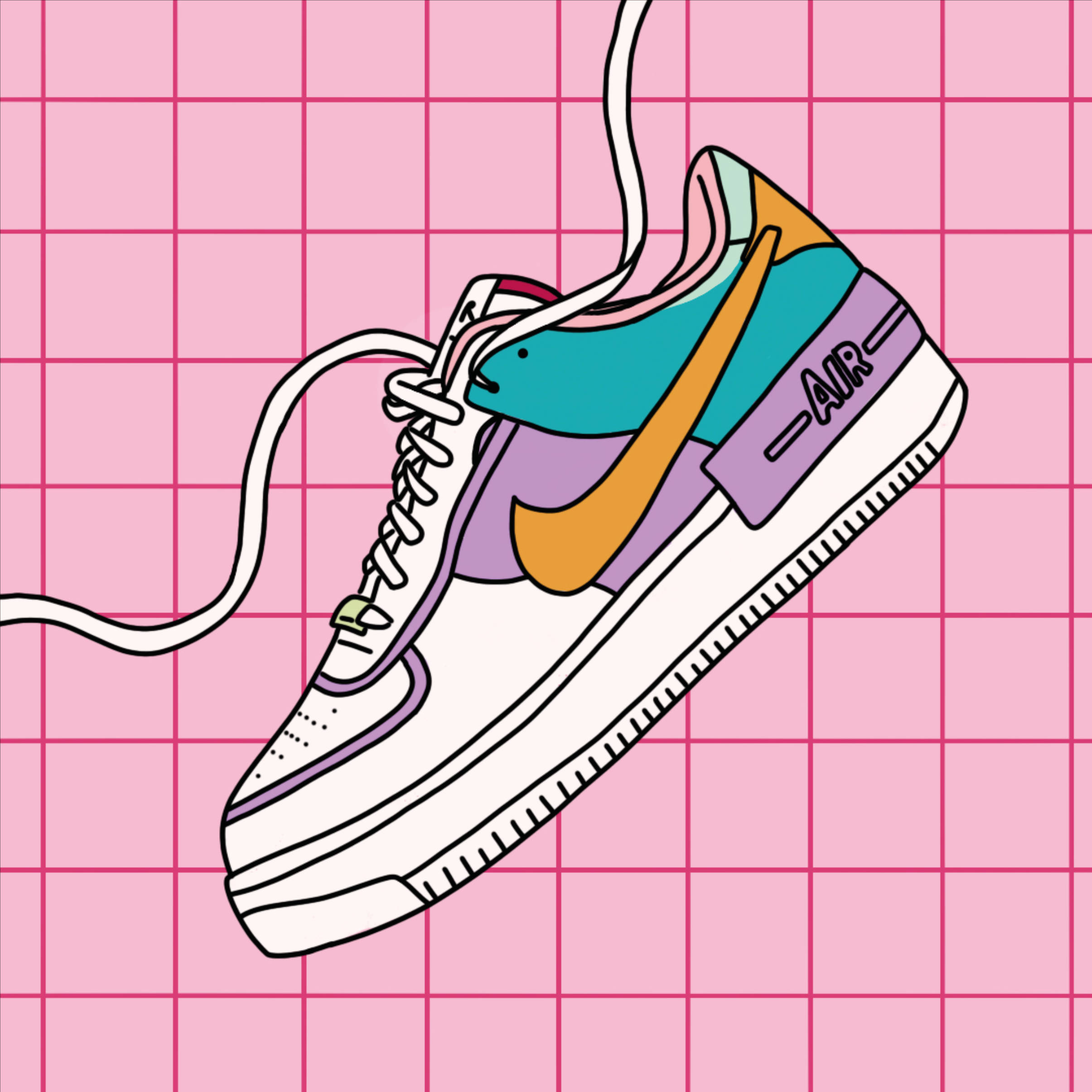 Nike 桌布 壁紙 — 色彩繽紛的插圖運動鞋，帶有粉紅色網格背景和飄浮的鞋帶。
