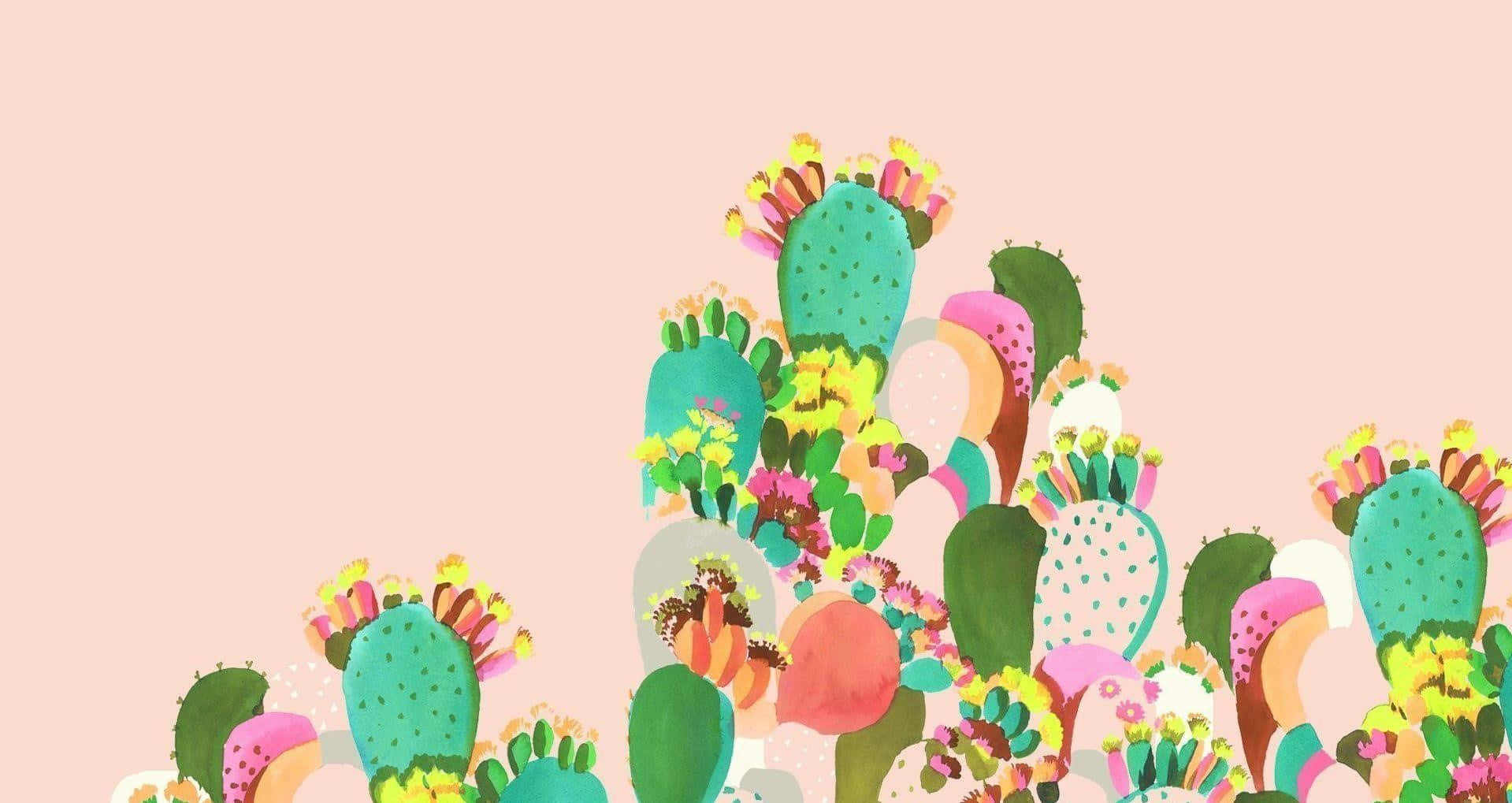 Kawaii Cactus 桌布 壁紙 — 色彩繽紛的插畫仙人掌，綻放著鮮豔的花朵，在柔和的粉紅色背景上以俏皮、風格化的設計呈現。