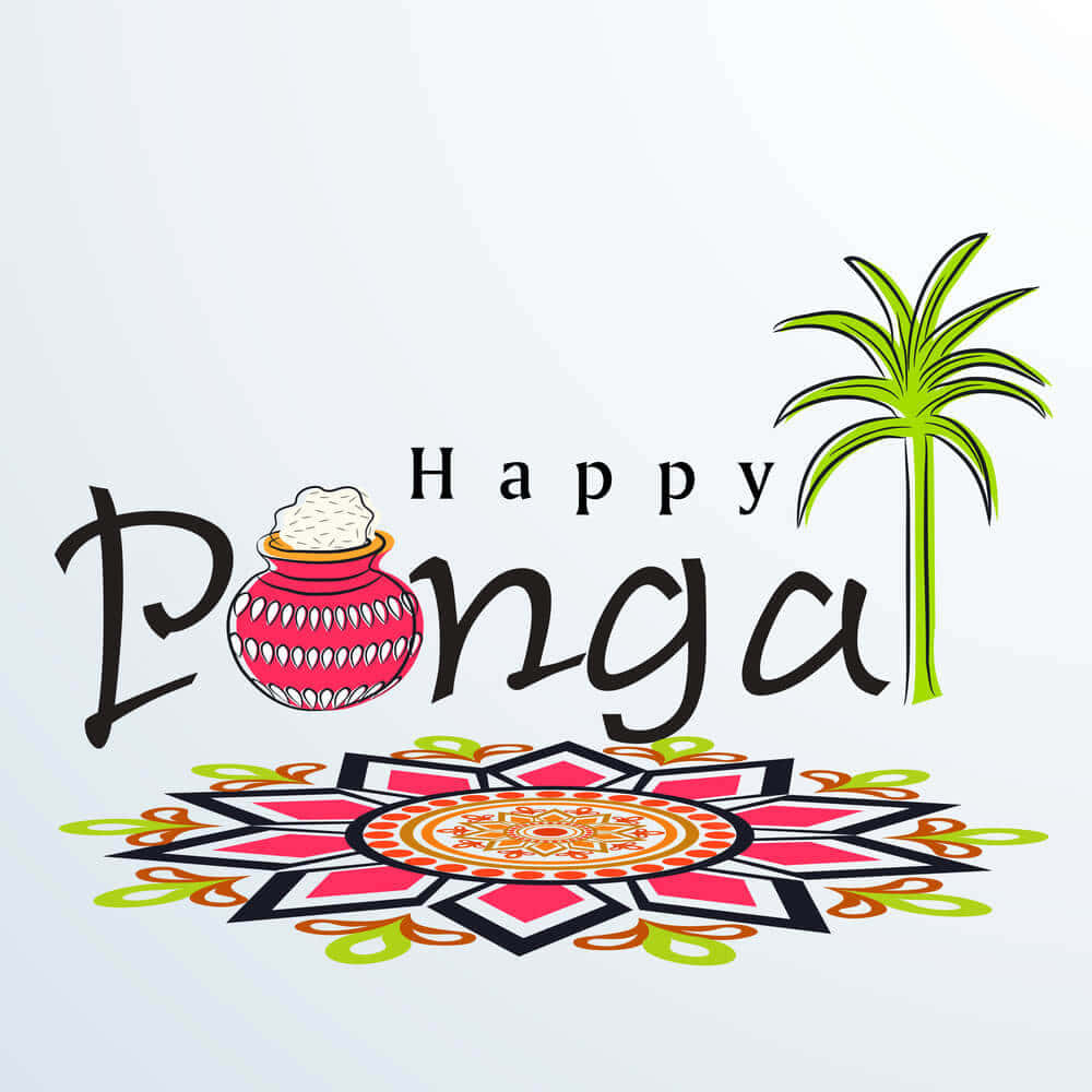 Pongal 桌布 壁紙 — 色彩繽紛的插畫風格 Pongal 節日賀卡，帶有彩色 rangoli、棕櫚樹和傳統鍋，背景為柔和白色。