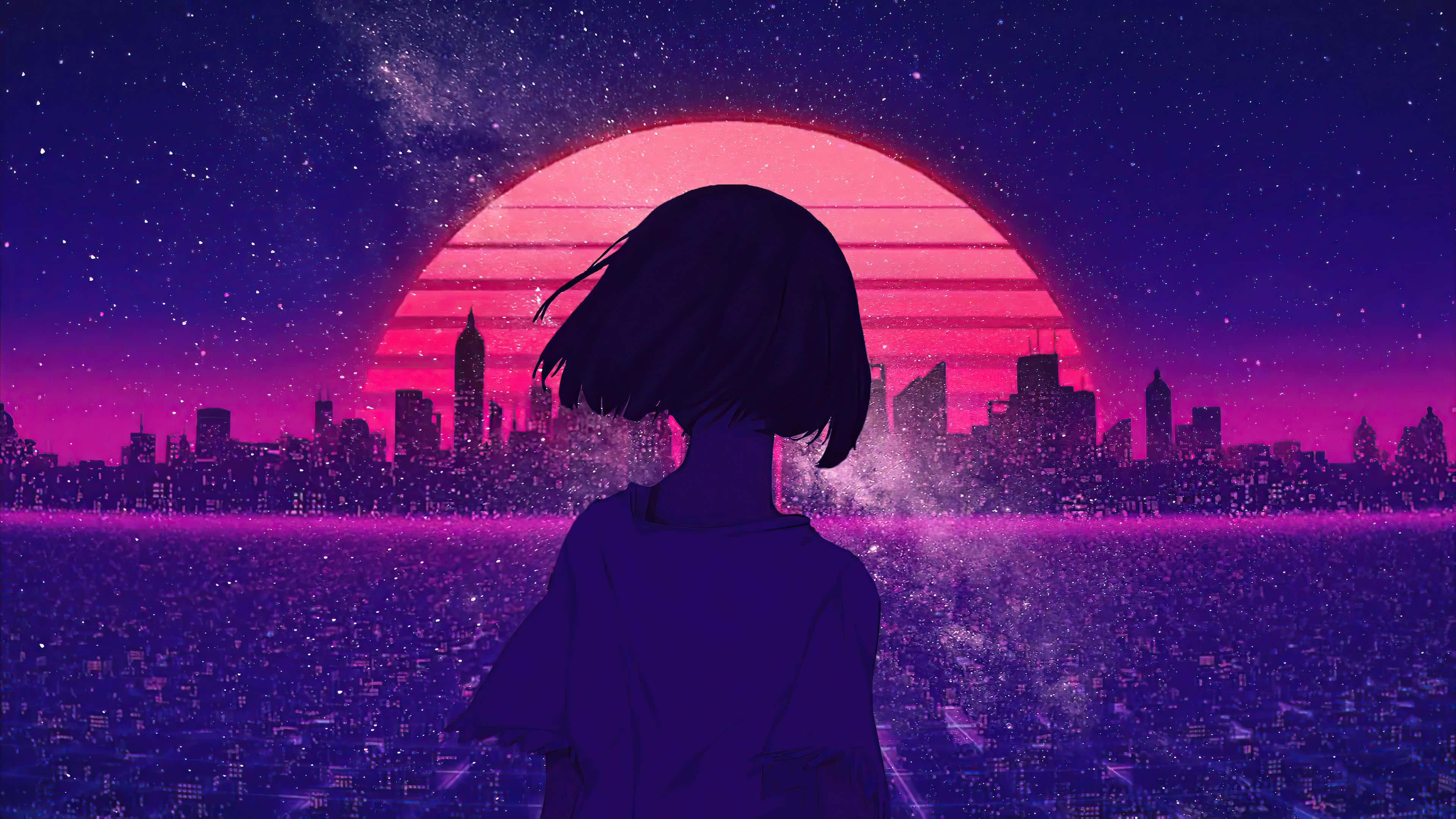 色彩繽紛的數位動漫藝術 壁紙 — 一個孤獨的動漫女孩凝視著在繁星點點的紫色天空下，未來城市天際線上一輪發光的粉紅色夕陽。