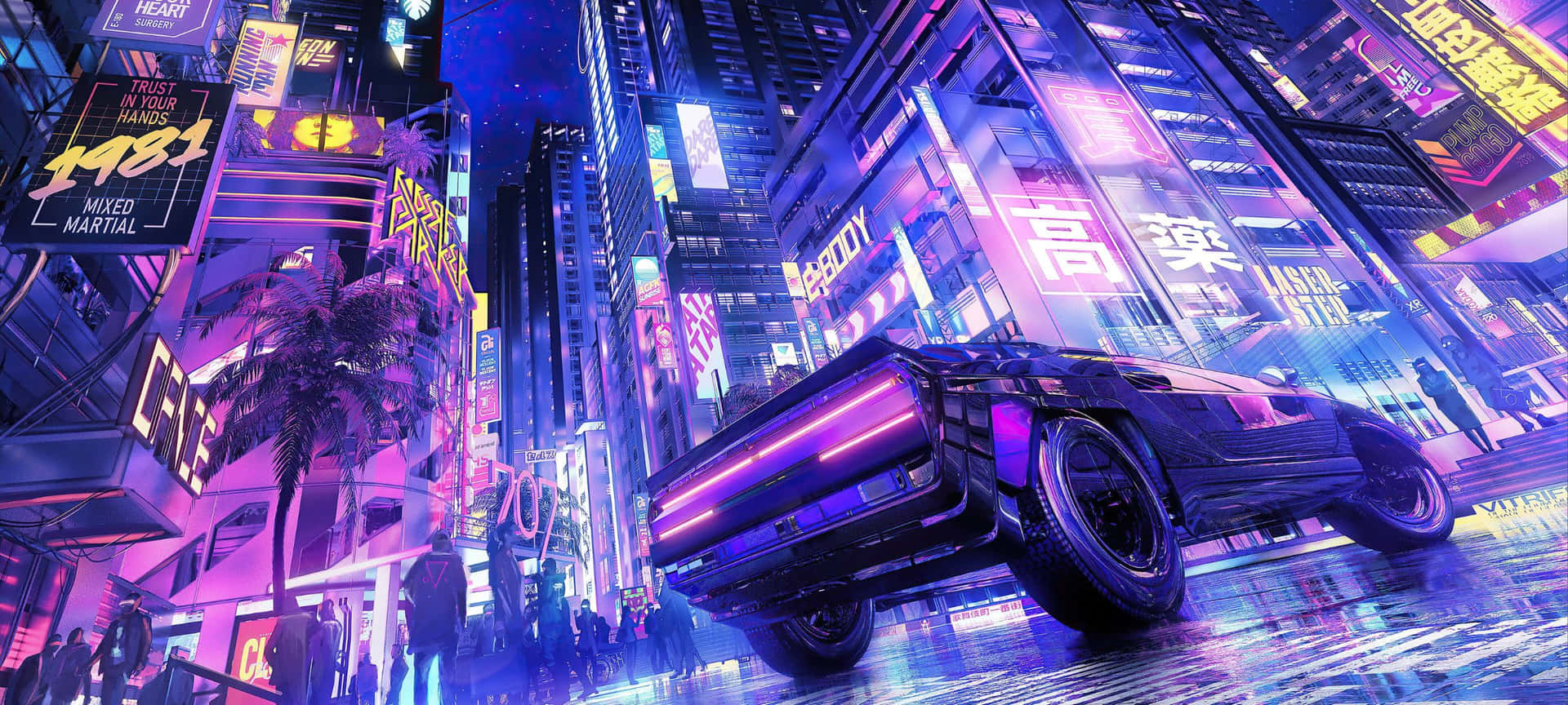 未來感的黑色汽車在潮濕的霓虹燈城市街道上行駛於夜間