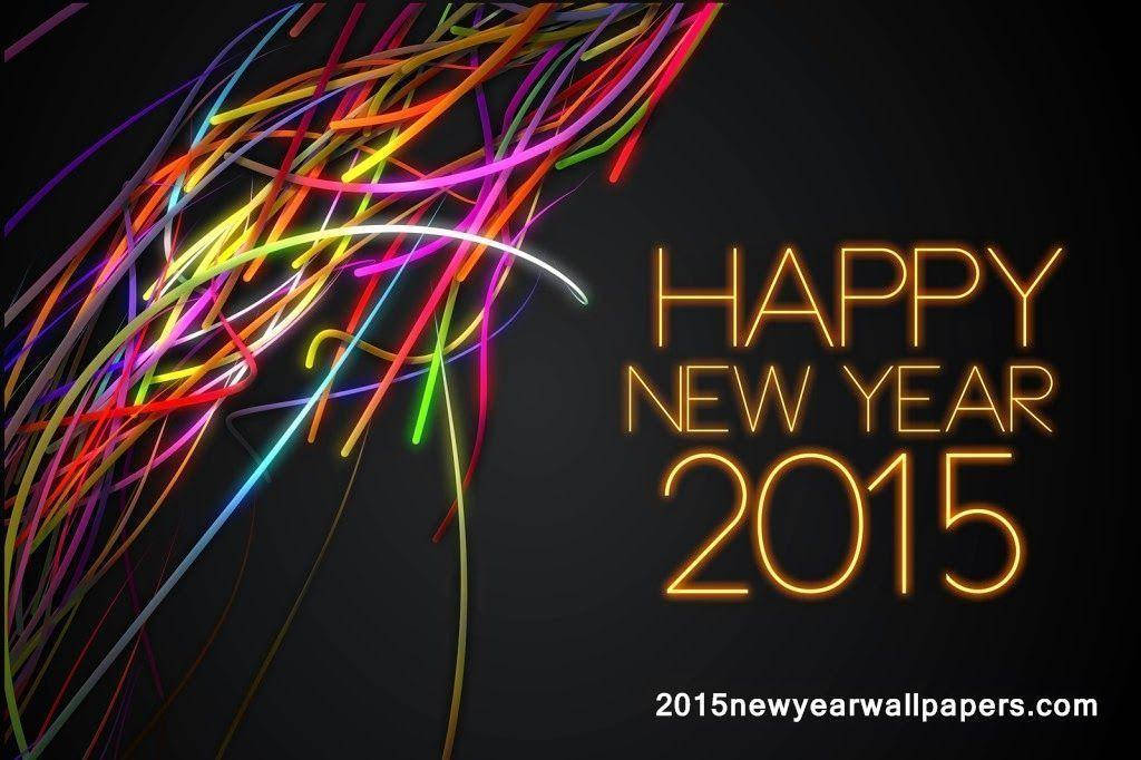 Happy New Year 2015 帶有彩色霓虹條紋和黑暗背景上的發光文字