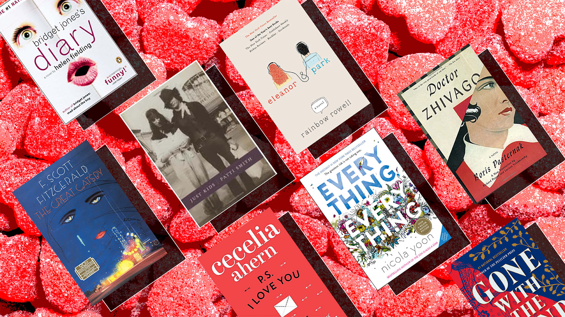 Romance Literature 桌布 壁紙 — 色彩繽紛的書本封面漂浮在閃閃發光的紅色糖果心上，營造出俏皮的文學拼貼畫。