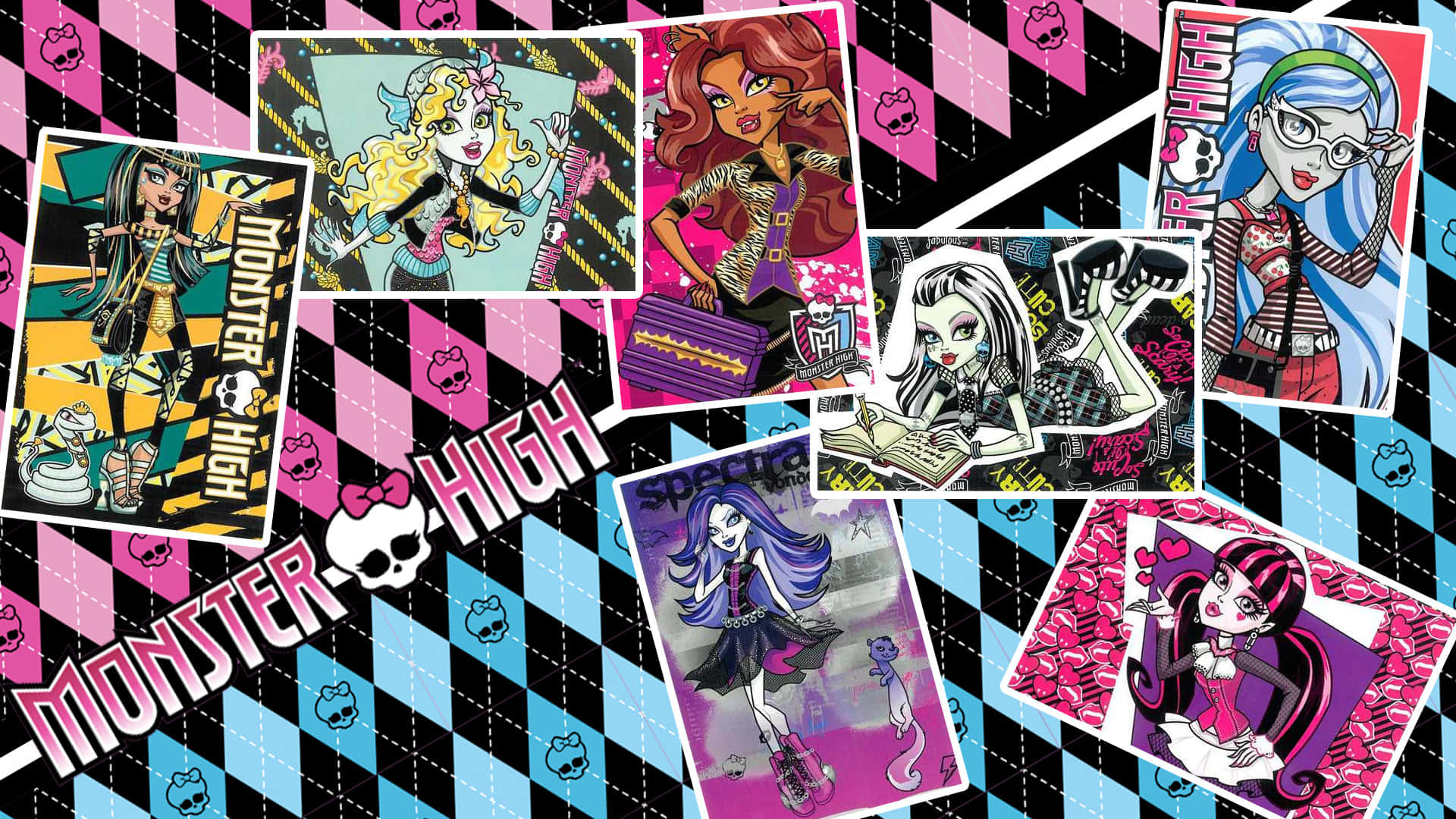 Monster High 桌布 壁紙 — 色彩繽紛的格仔牆紙上，Monster High 角色嘅生動拼貼，帶有骷髏頭同大膽品牌標誌。
