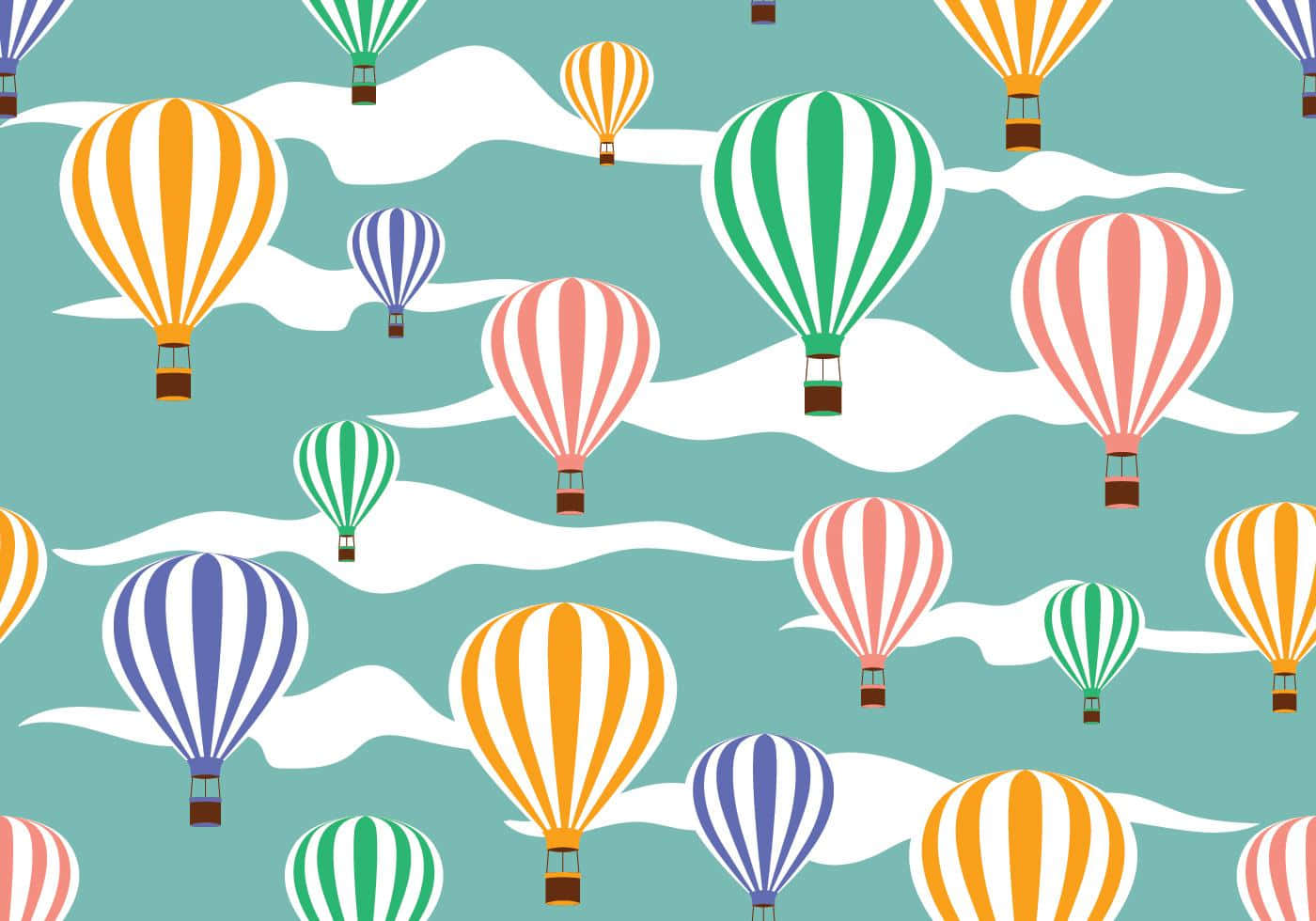 Hot Air Balloon 桌布 壁紙 — 色彩繽紛的條紋熱氣球在帶有風格化白雲的藍綠色天空中漂浮，形成重複圖案。