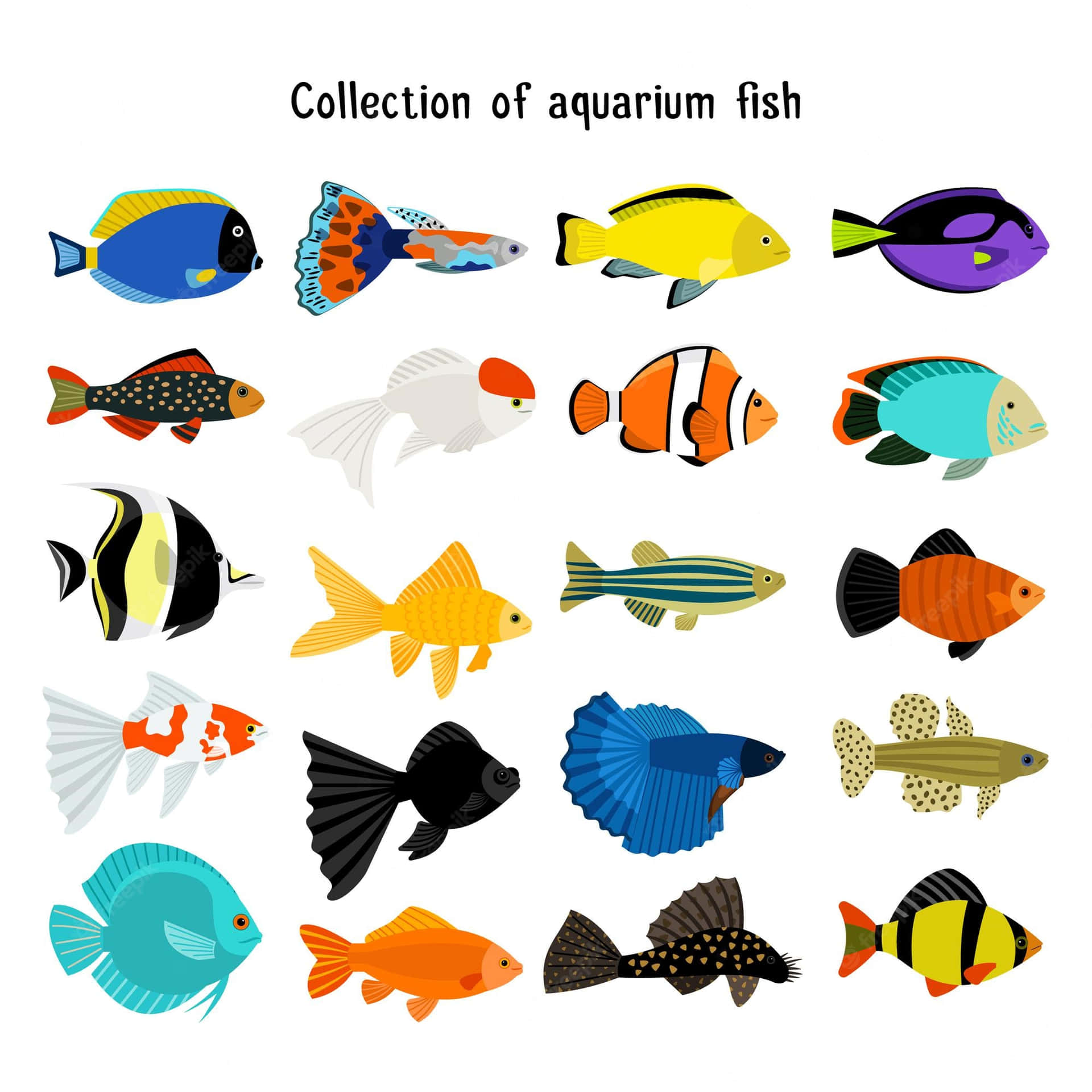 以網格排列的彩色卡通水族館魚圖標集合。